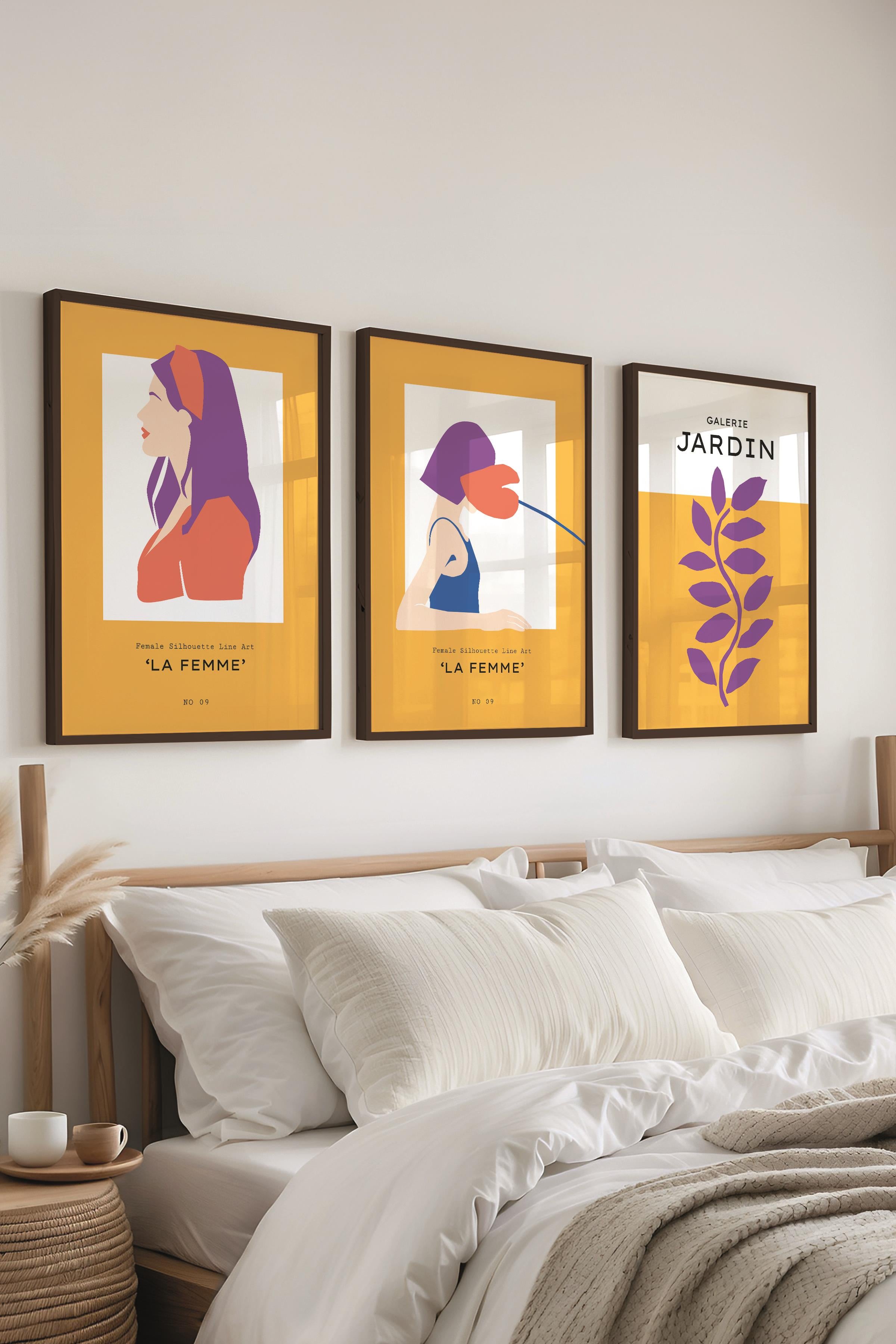 Çerçeveli Tablo Seti, 3 Adet Siyah Çerçeve ve Sarı Minimalist Temalı Poster Seti, No:300462