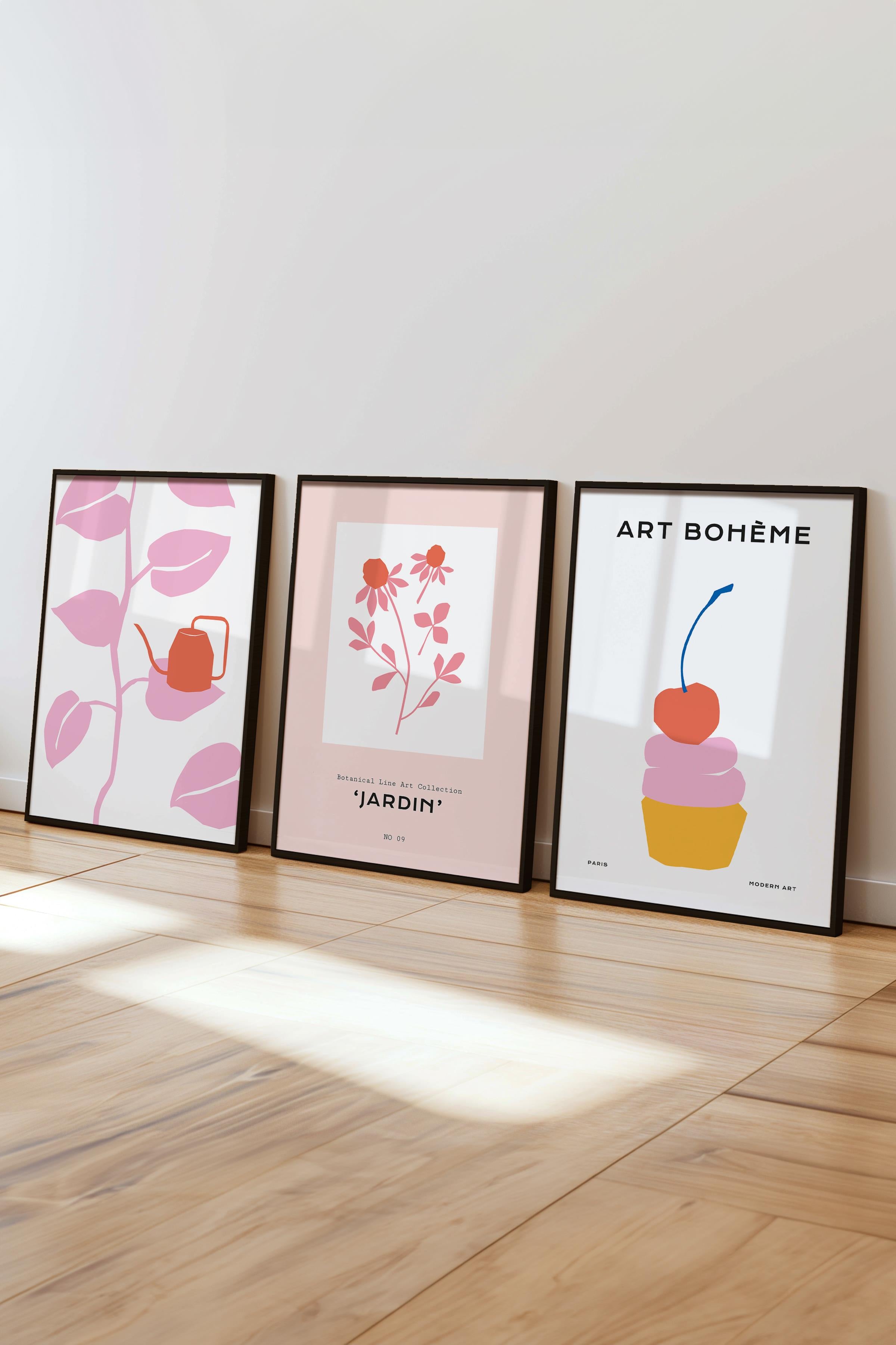 Çerçeveli Tablo Seti, 3 Adet Siyah Çerçeve ve Soft Minimalist Temalı Poster Seti, No:300456