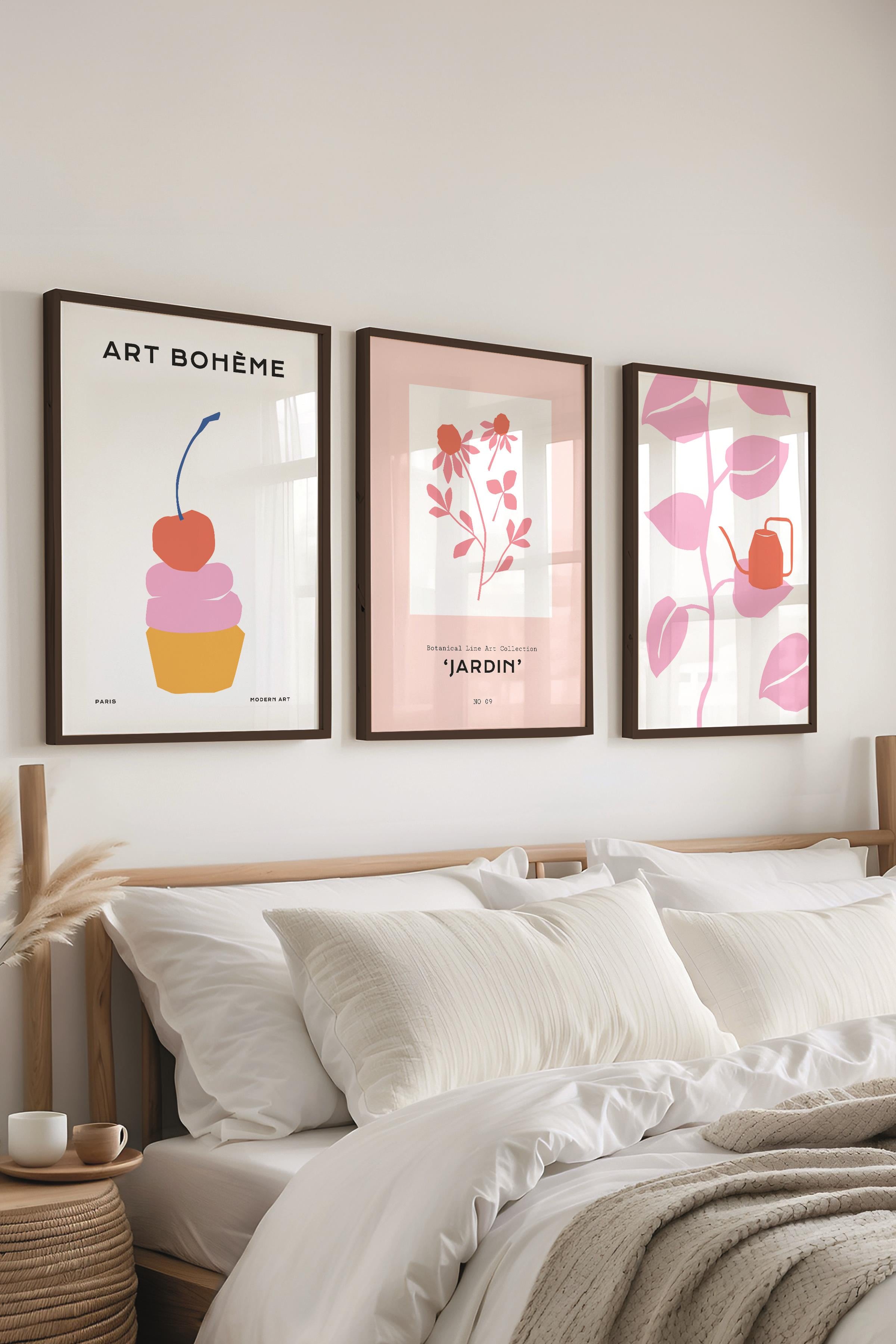 Çerçeveli Tablo Seti, 3 Adet Siyah Çerçeve ve Soft Minimalist Temalı Poster Seti, No:300456