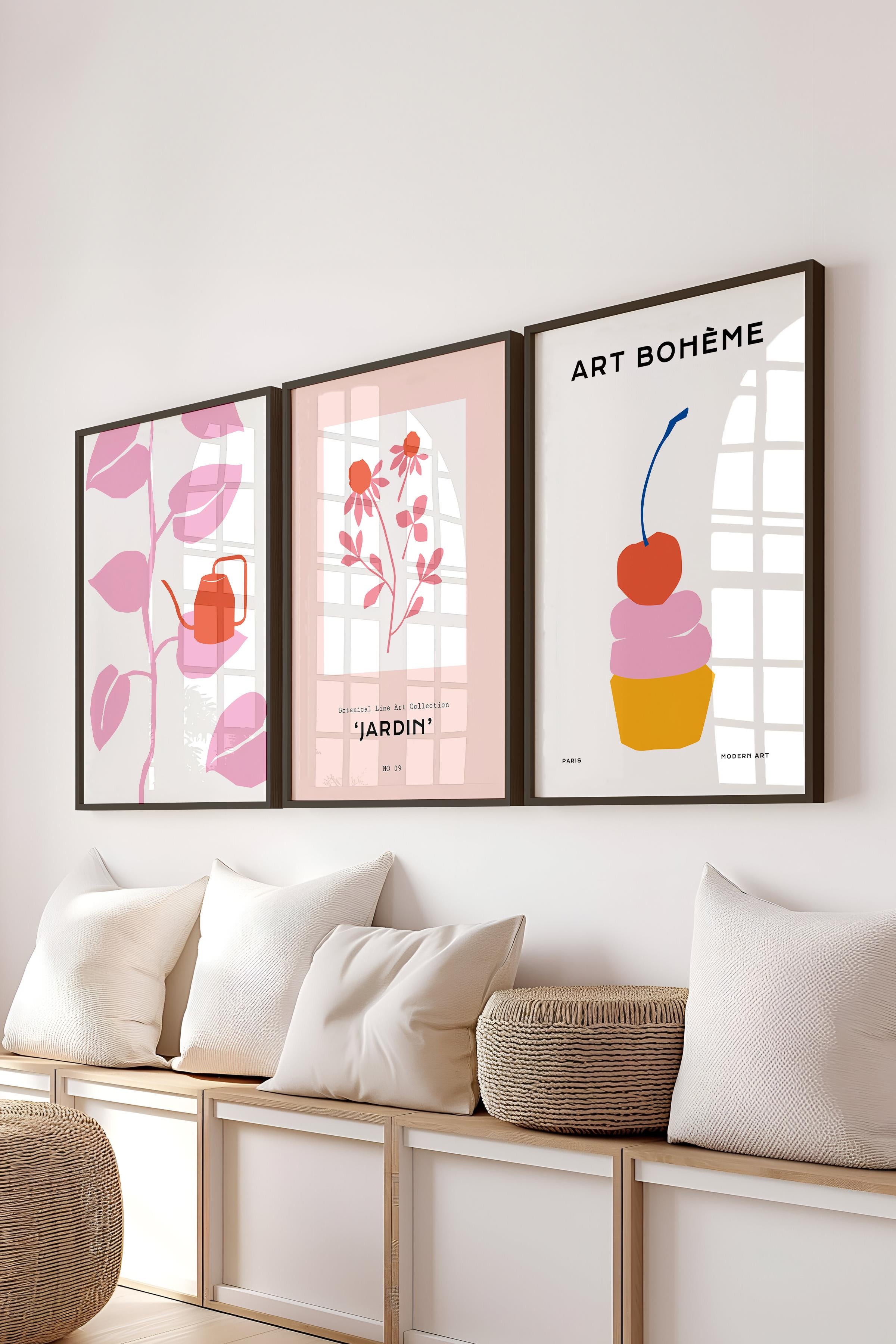 Çerçeveli Tablo Seti, 3 Adet Siyah Çerçeve ve Soft Minimalist Temalı Poster Seti, No:300456