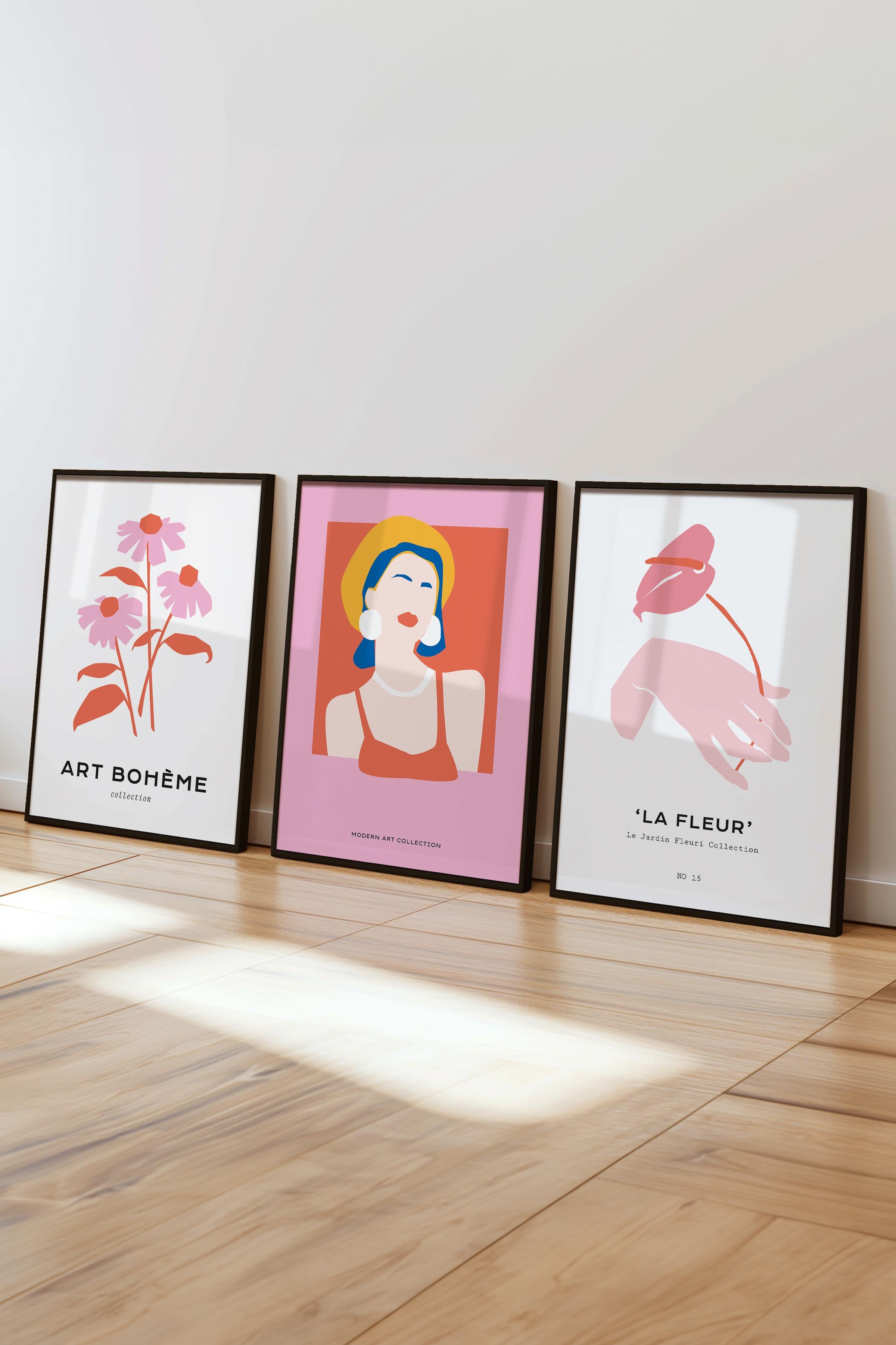 Çerçeveli Tablo Seti, 3 Adet Siyah Çerçeve ve Soft Pembe Minimalist Temalı Poster Seti, No:300459
