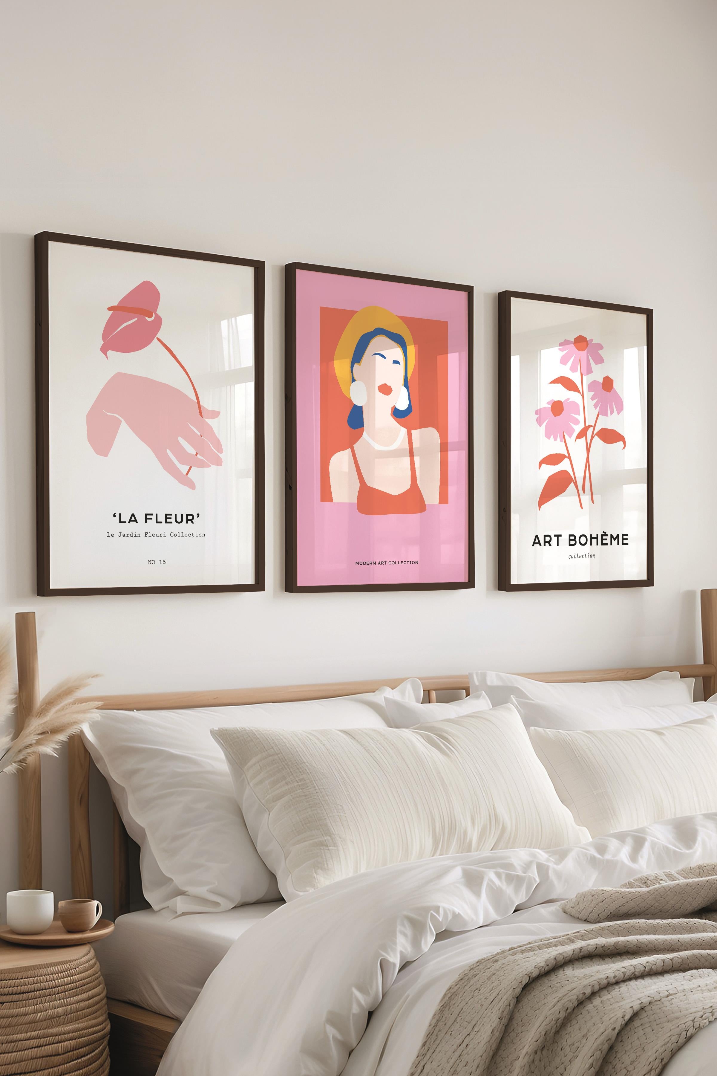 Çerçeveli Tablo Seti, 3 Adet Siyah Çerçeve ve Soft Pembe Minimalist Temalı Poster Seti, No:300459