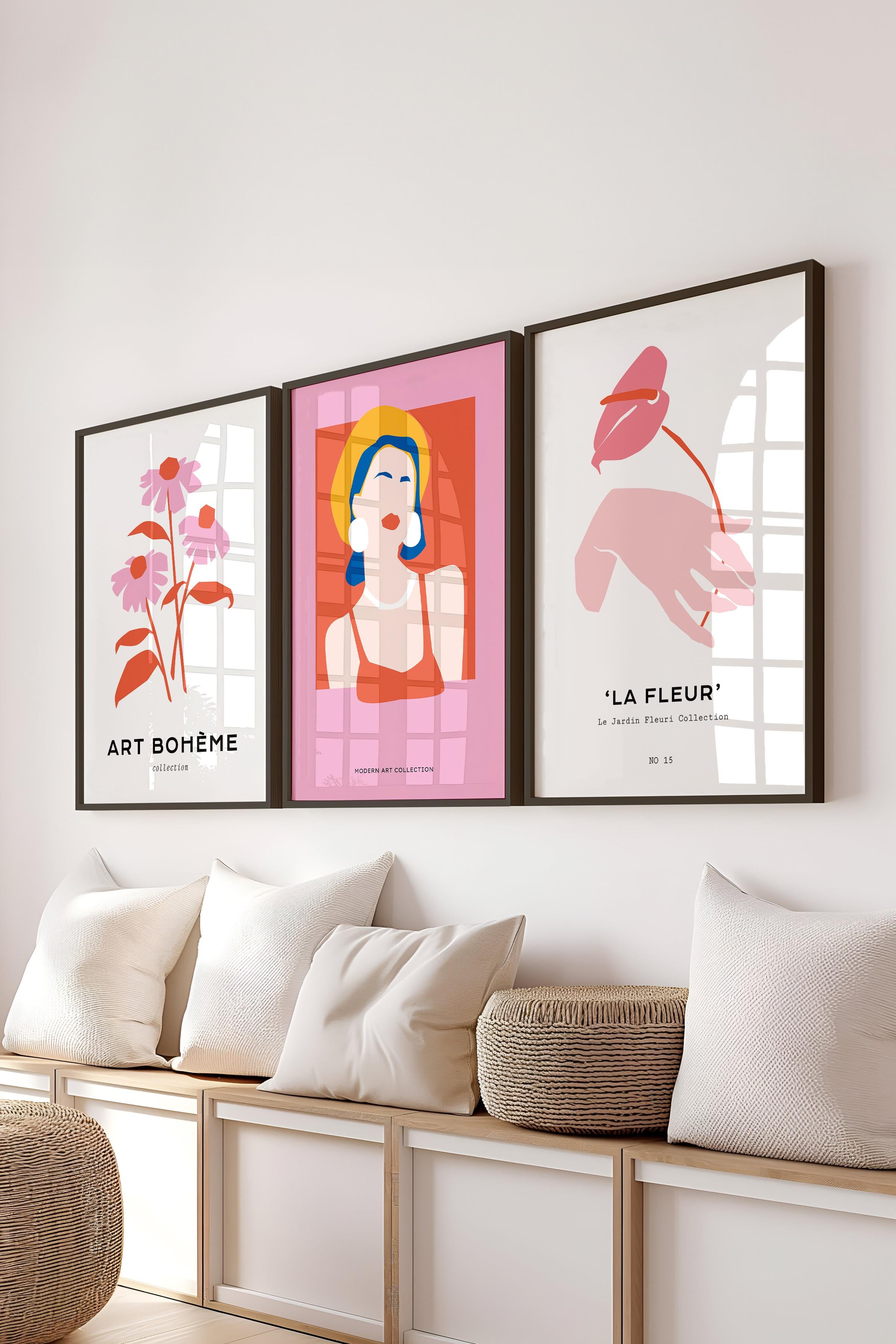 Çerçeveli Tablo Seti, 3 Adet Siyah Çerçeve ve Soft Pembe Minimalist Temalı Poster Seti, No:300459