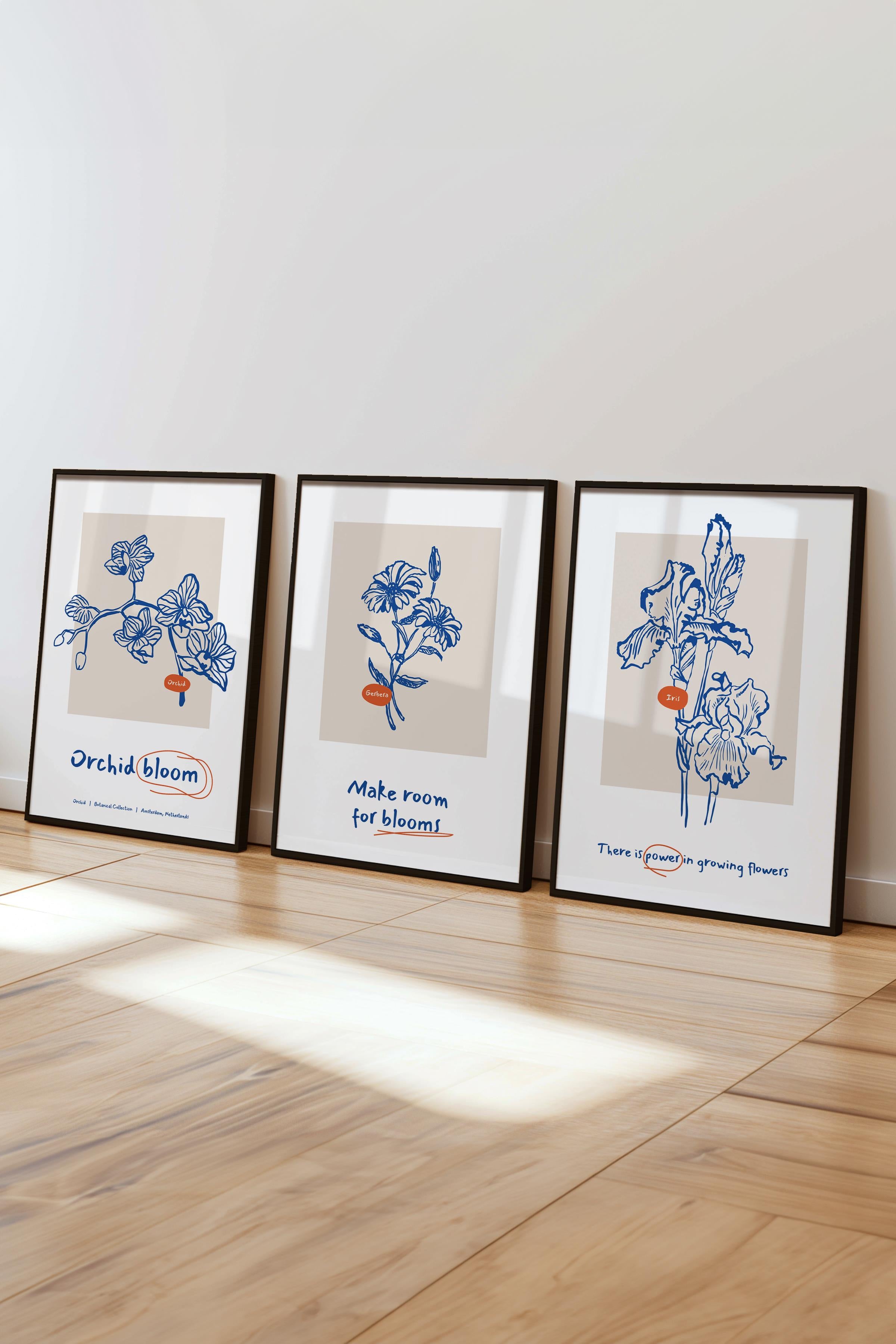 Çerçeveli Tablo Seti, 3 Adet Siyah Çerçeve ve Yeşil Minimalist Botanik Temalı Poster Seti, No:300447
