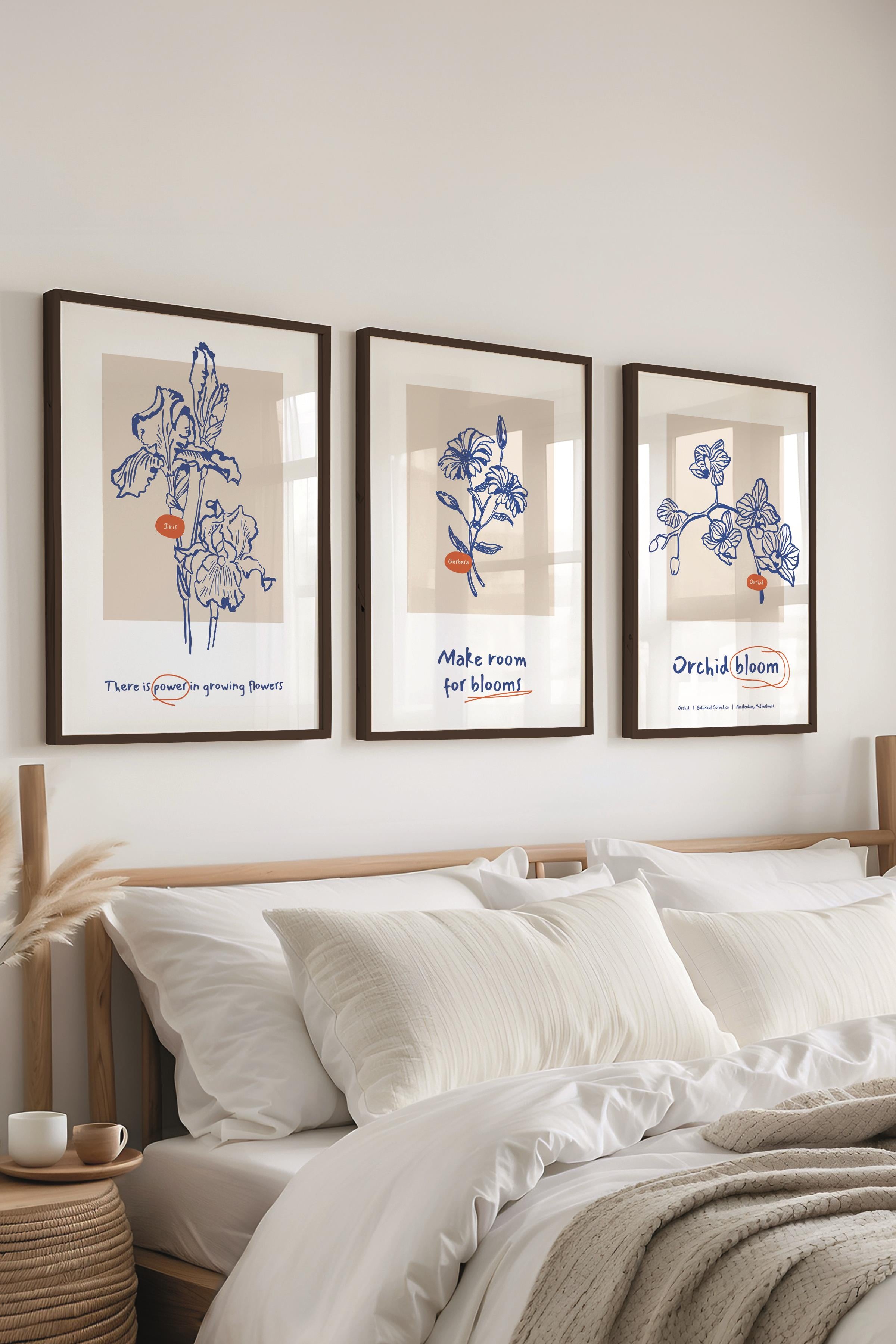 Çerçeveli Tablo Seti, 3 Adet Siyah Çerçeve ve Yeşil Minimalist Botanik Temalı Poster Seti, No:300447