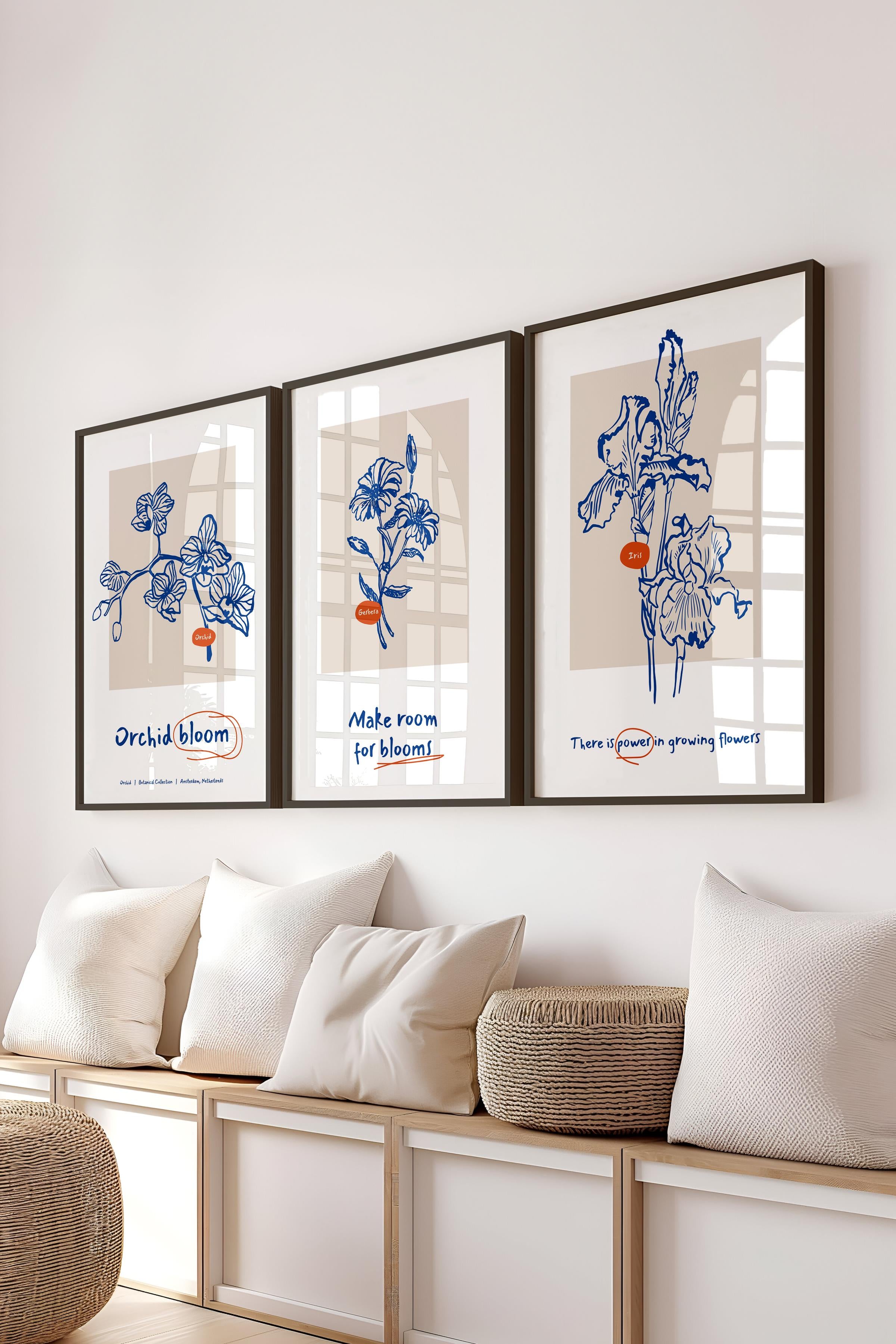 Çerçeveli Tablo Seti, 3 Adet Siyah Çerçeve ve Yeşil Minimalist Botanik Temalı Poster Seti, No:300447