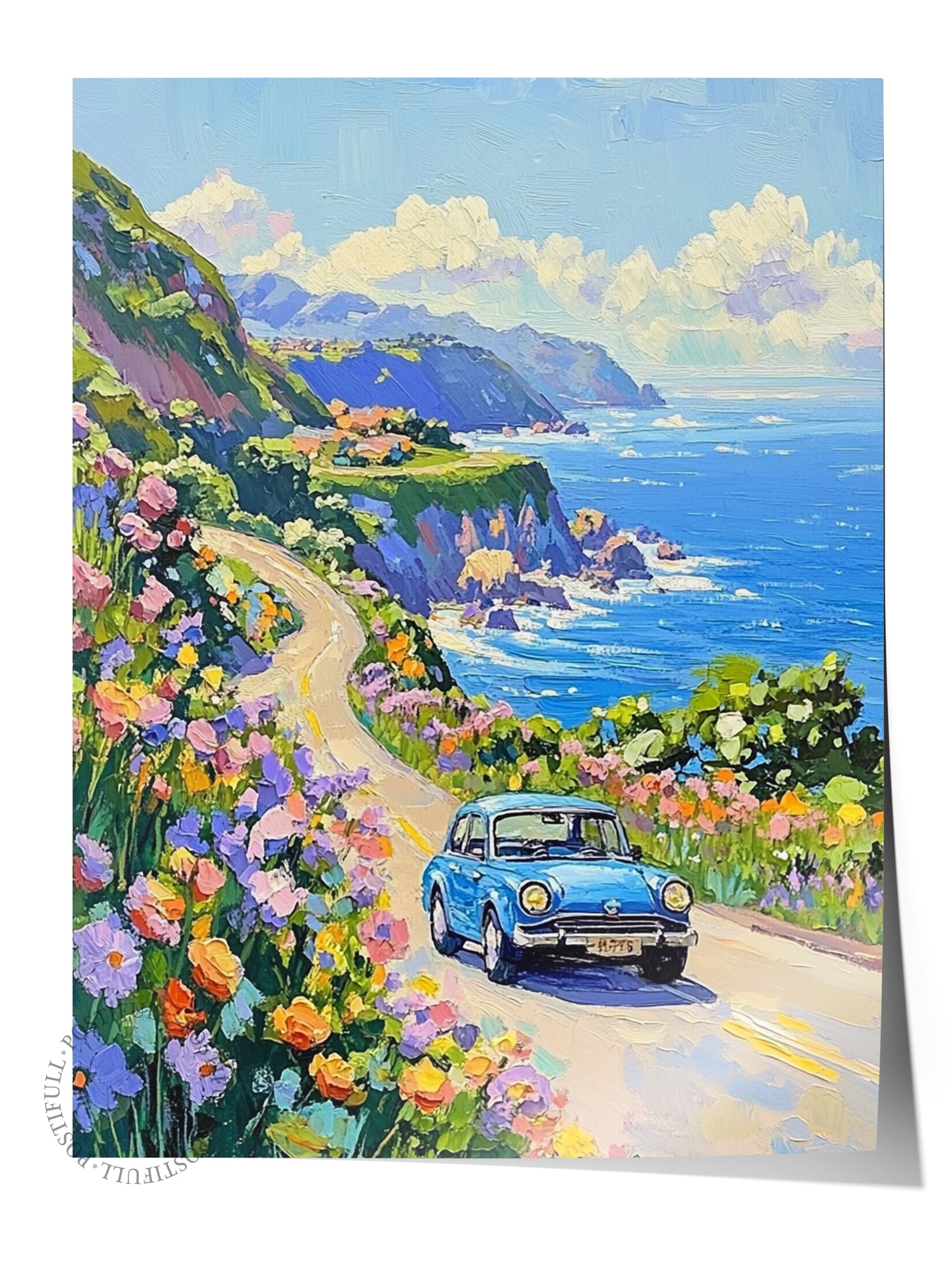Çerçevesiz Duvar Posteri, Araba, Çiçek, Yol, İzlenimci, Mavi, Pastel Tonlar Renk Poster, 2025 Yaz Seçkisi, NO:109812