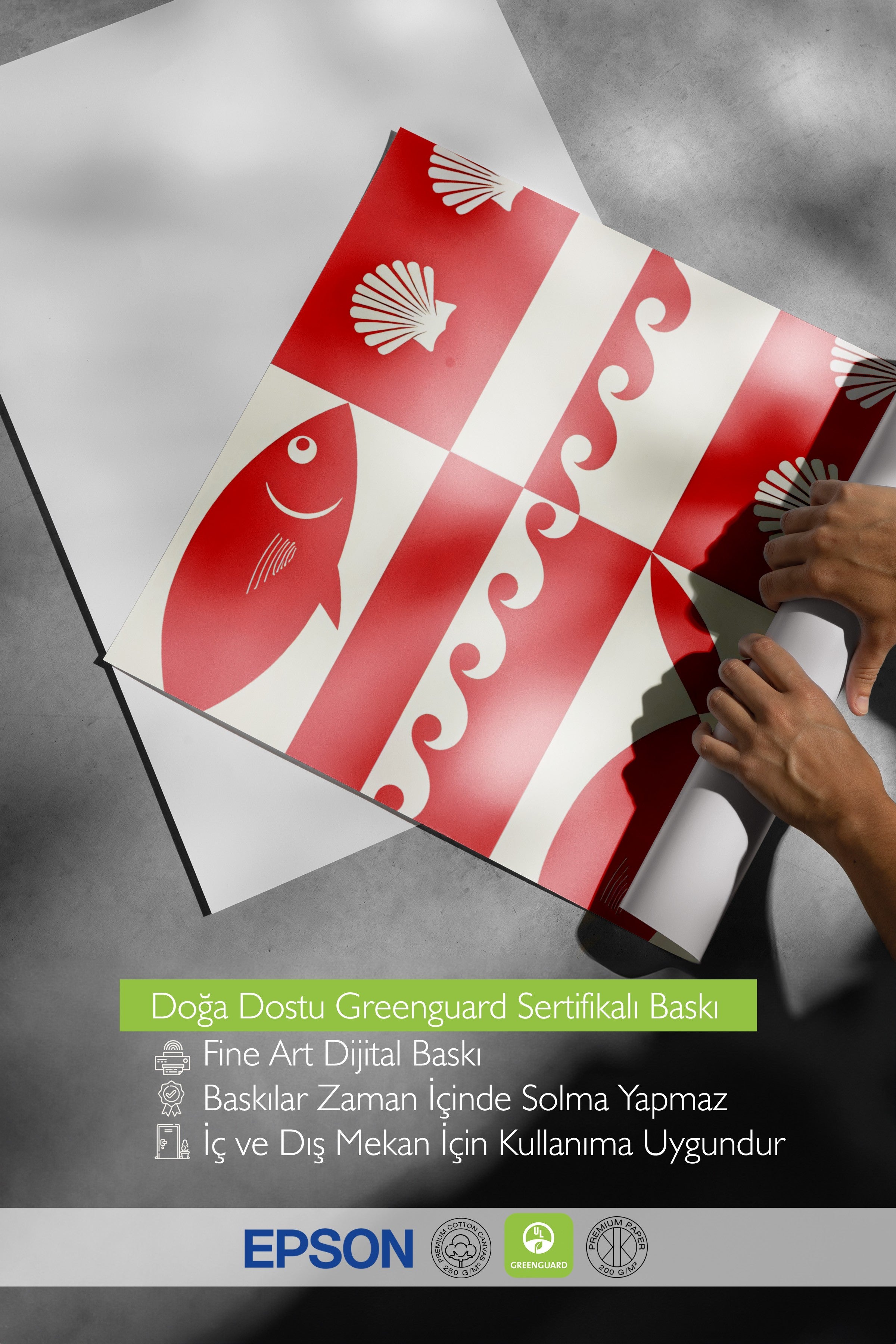 Çerçevesiz Duvar Posteri, Balıklar ve Kabuklar, İllüstrasyon, Kırmızı Renk Poster, 2025 Yaz Seçkisi, NO:109509