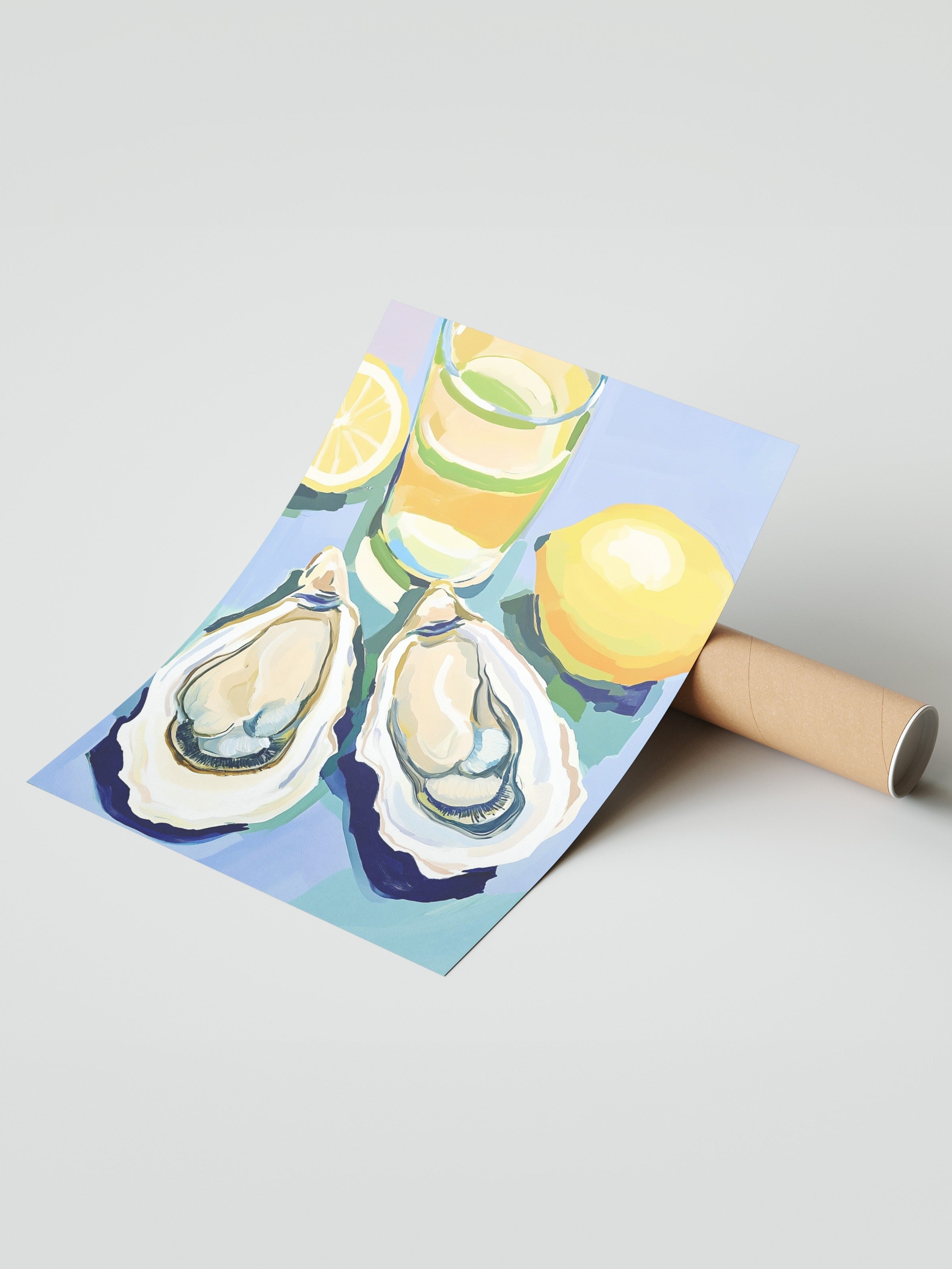 Çerçevesiz Duvar Posteri, Cam, İstiridye, Limon, Akrilik Resim, Çağdaş, Mavi, Sarı Renk Poster, 2025 Yaz Seçkisi, NO:109815