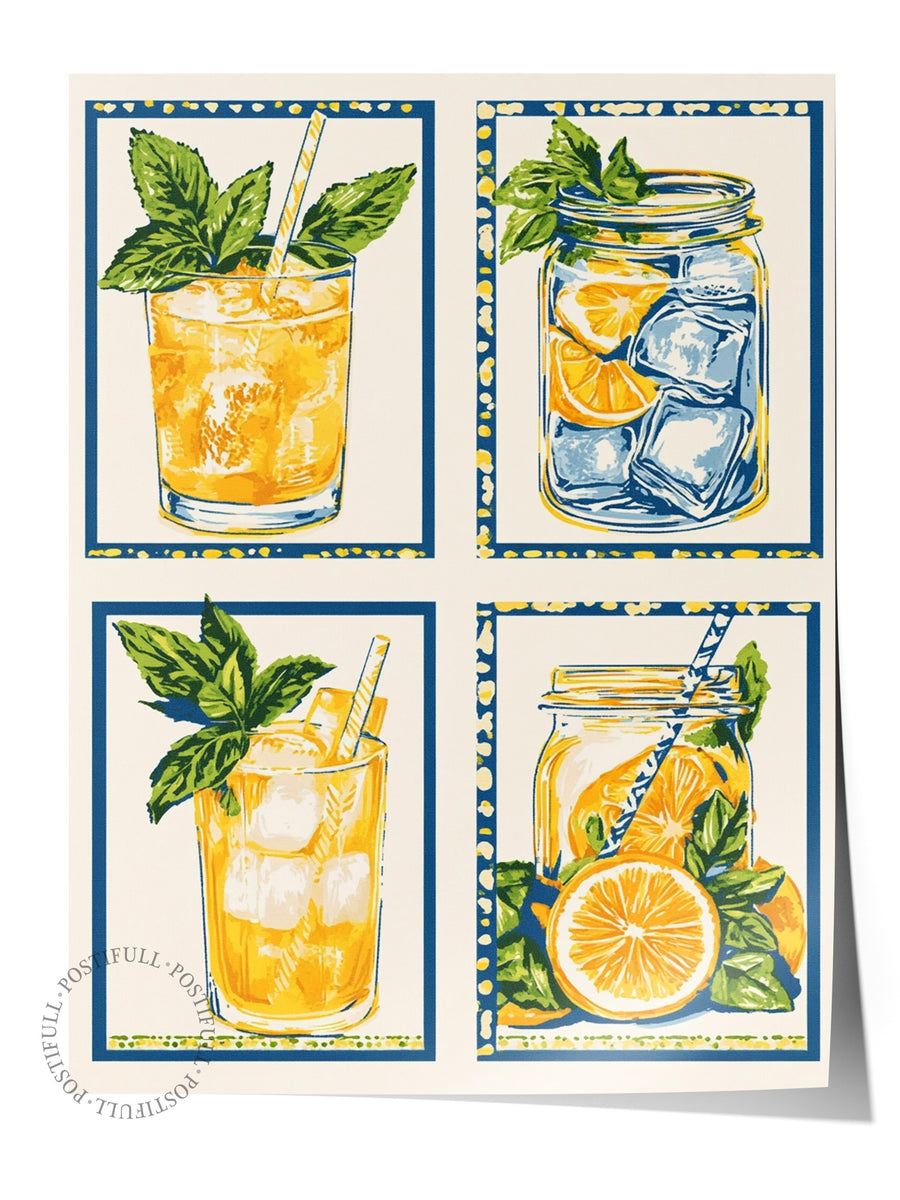Bardak ve Kavanozda Limonata İllüstrasyonu Poster Yaz Seçkisi Çerçevesiz Poster