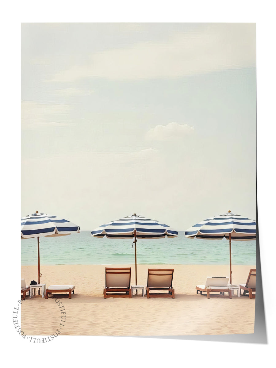 Plajda Şezlonglar ve Şemsiyeler Poster Fotoğraf Yaz Seçkisi Çerçevesiz Poster