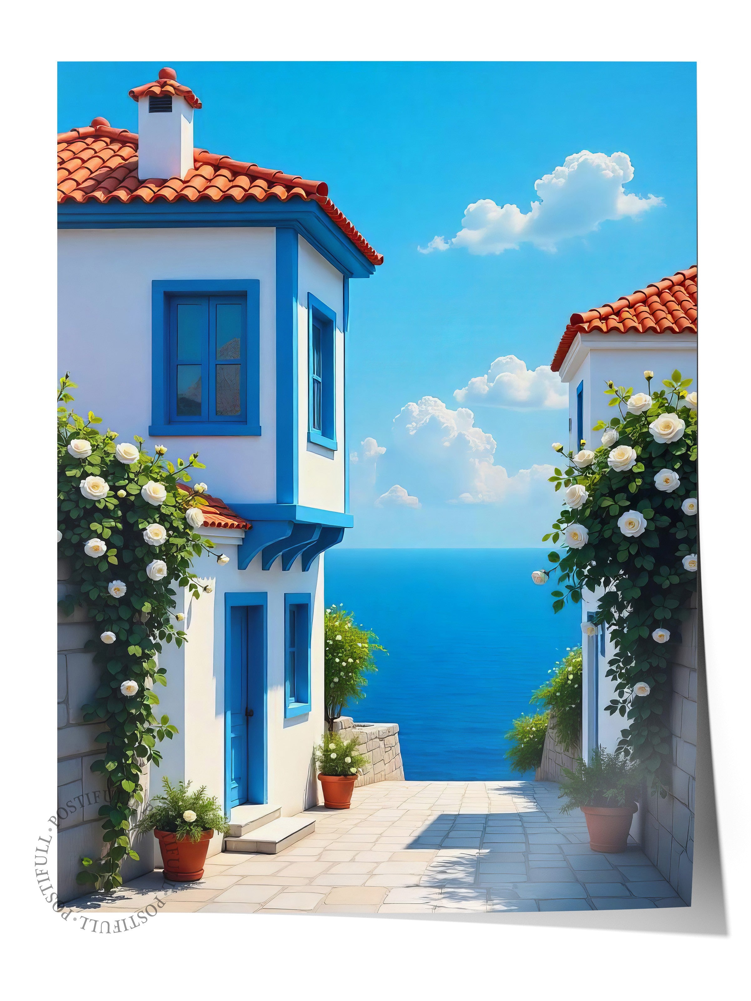 Çerçevesiz Duvar Posteri, Deniz Manzaralı Ev, Fotoğraf, Mavi Renk Poster, 2025 Yaz Seçkisi, NO:109705