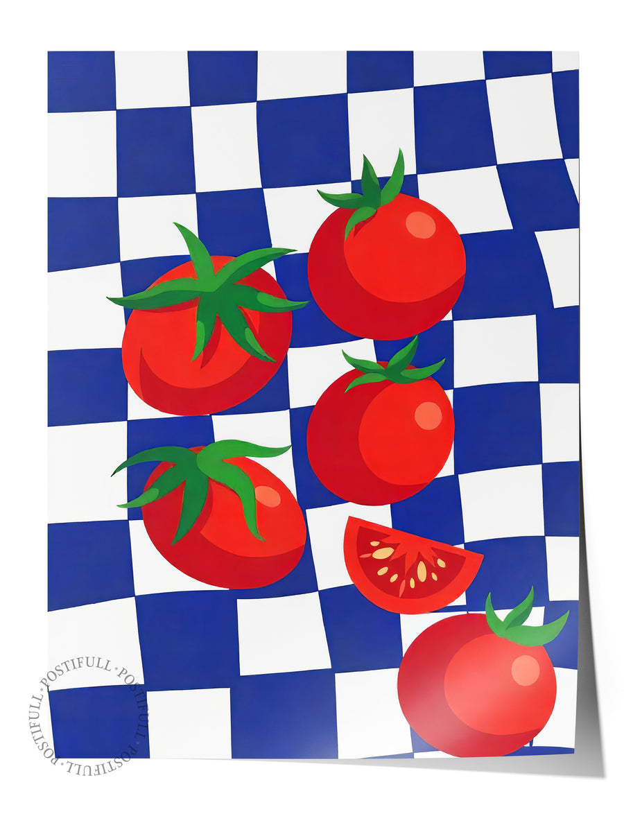 Domates ve Ekose Desen Poster Yaz Seçkisi Çerçevesiz Poster