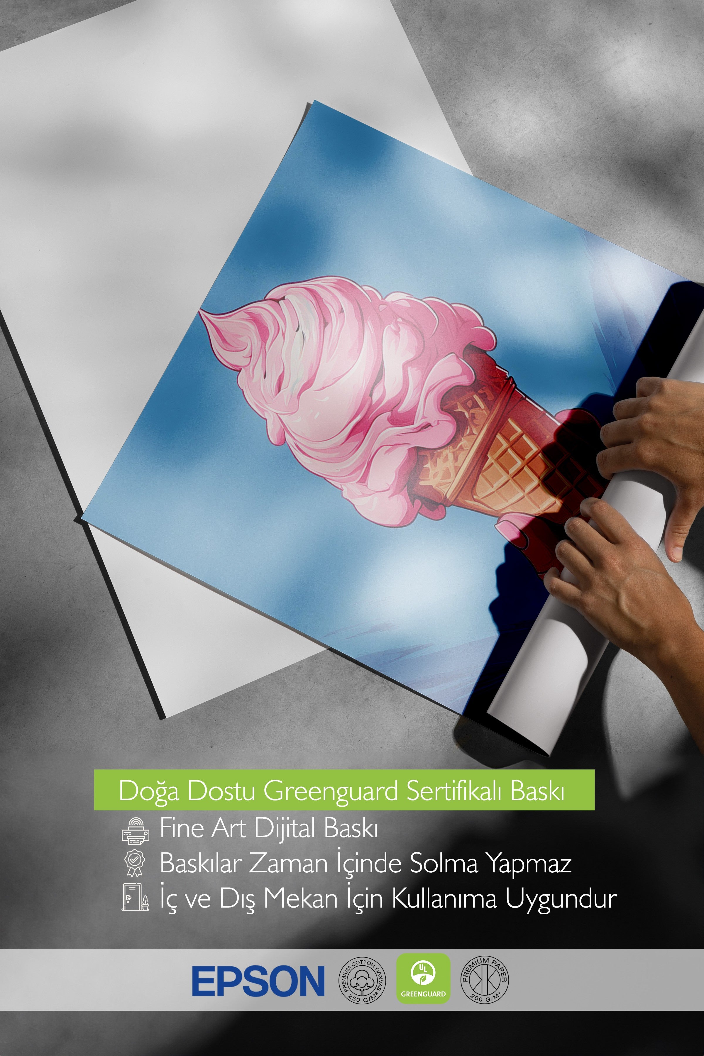 Çerçevesiz Duvar Posteri, Dondurma, Külah, El, illüstrasyon, Mavi Renk Poster, 2025 Yaz Seçkisi, NO:109875