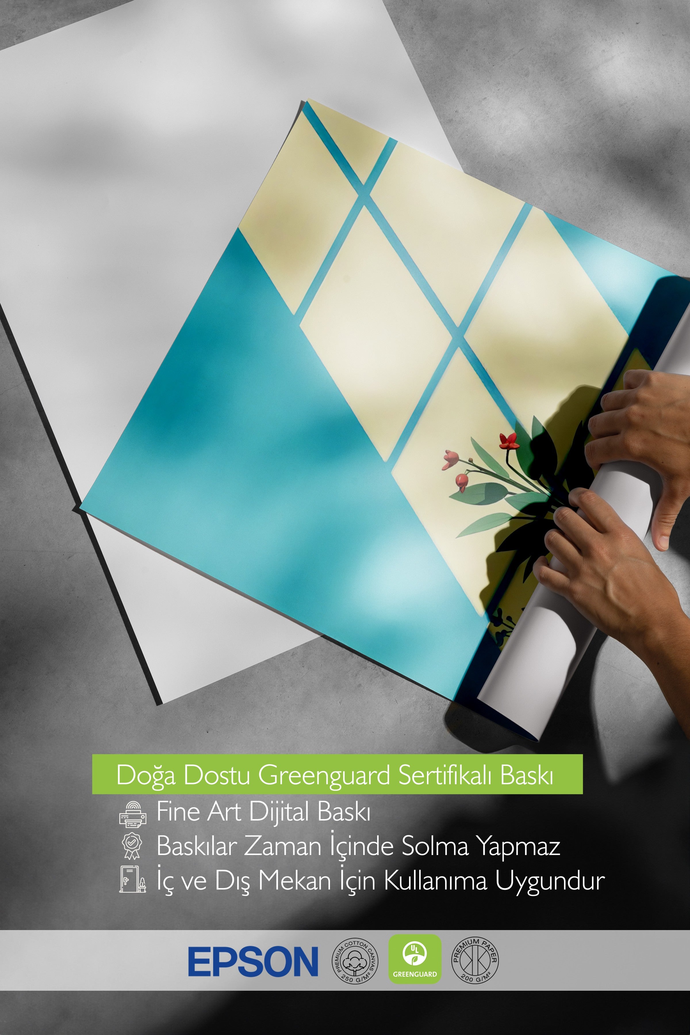 Çerçevesiz Duvar Posteri, Güneş Yansıması ve Çiçek, İllüstrasyon, Mavi Renk Poster, 2025 Yaz Seçkisi, NO:109722