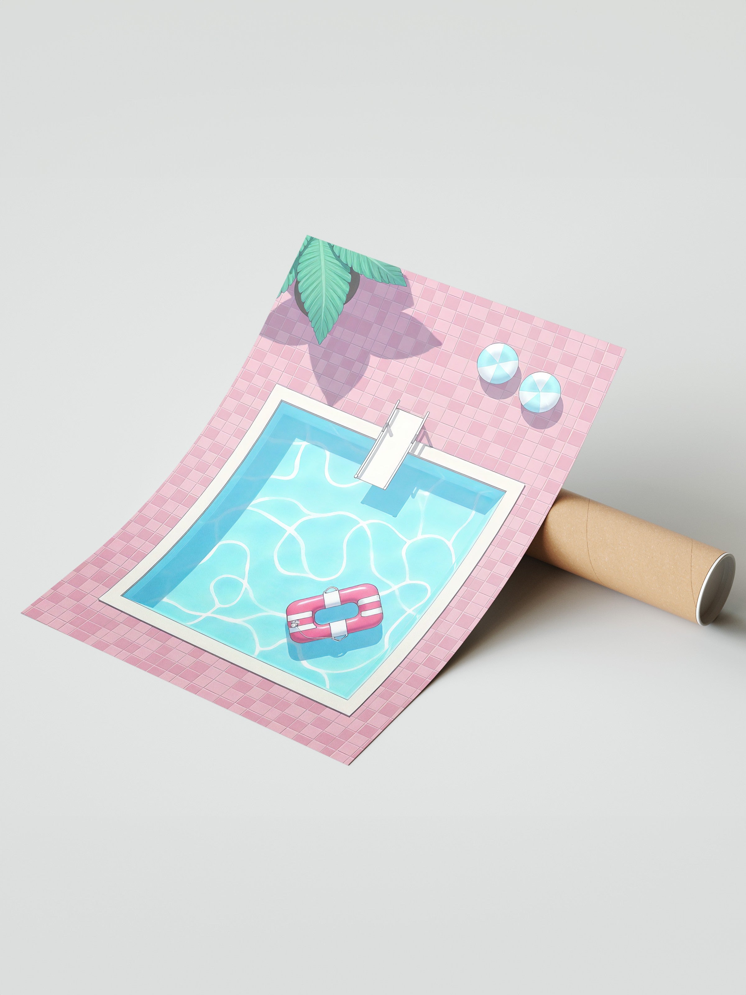 Çerçevesiz Duvar Posteri, Havuz, İllüstrasyon, Pembe Renk Poster, 2025 Yaz Seçkisi, NO:109590