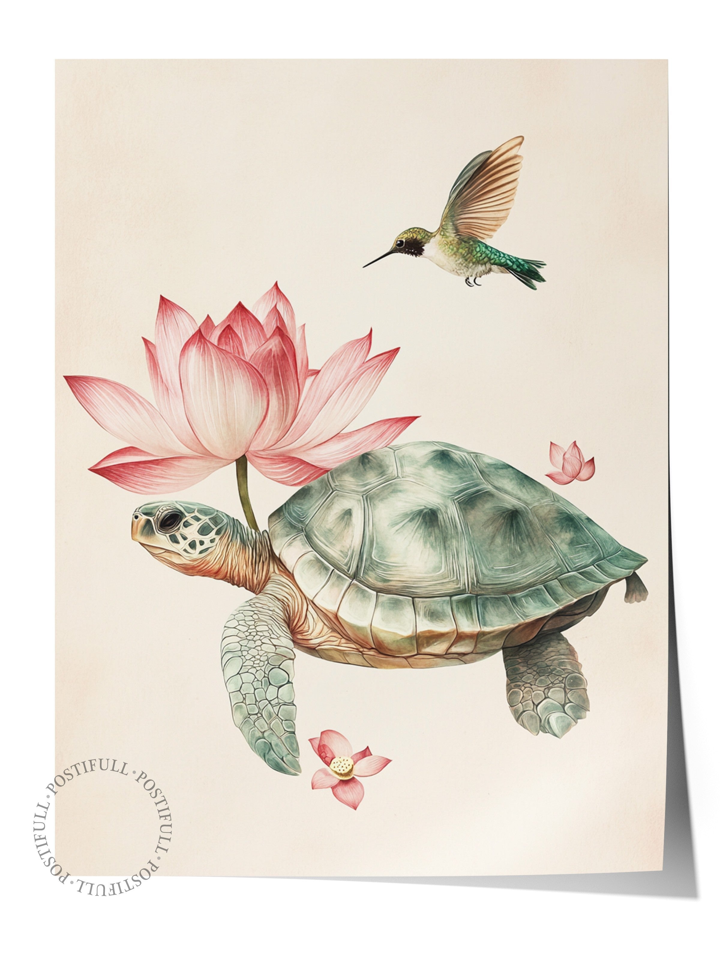 Çerçevesiz Duvar Posteri, Kaplumbağa, Sinek Kuşu, Lotus, İllüstrasyon, Pastel Tonlar Renk Poster, 2025 Yaz Seçkisi, NO:109795