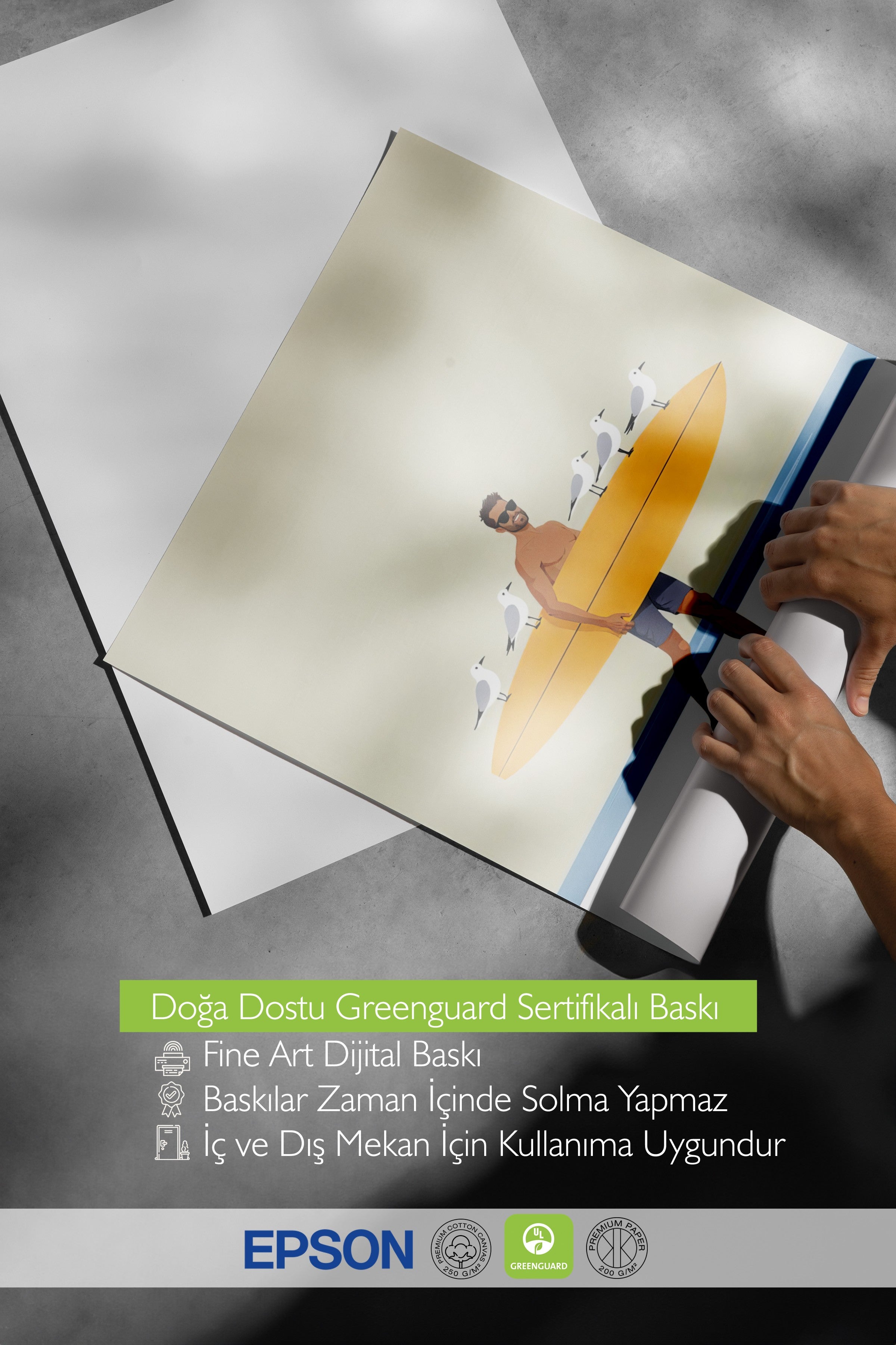 Çerçevesiz Duvar Posteri, Kuşlar ve Sörfçü, İllüstrasyon, Sarı Renk Poster, 2025 Yaz Seçkisi, NO:109518