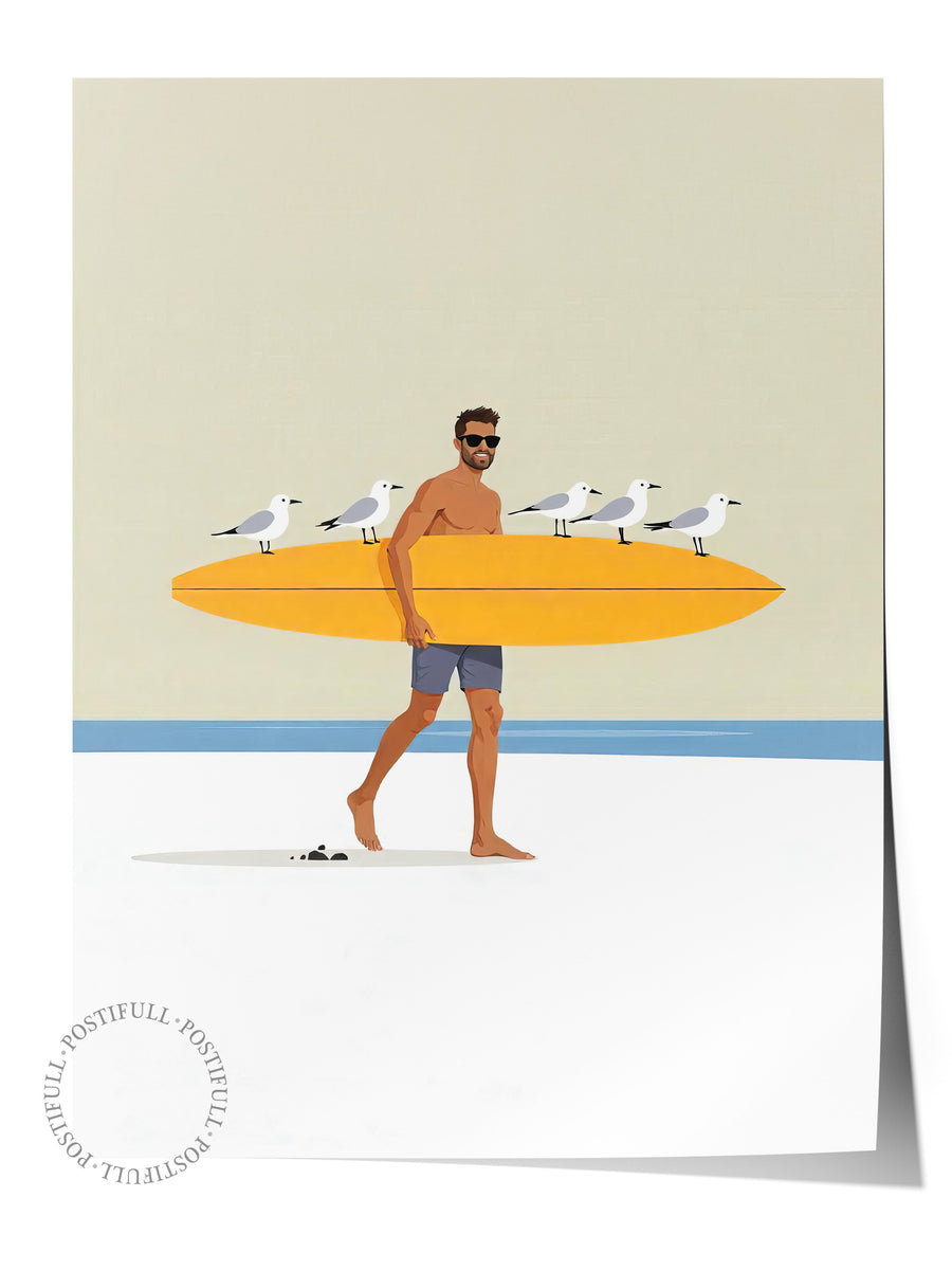 Sörf Tahtası Taşıyan Adam ve Martılar Poster Yaz Seçkisi Çerçevesiz Poster