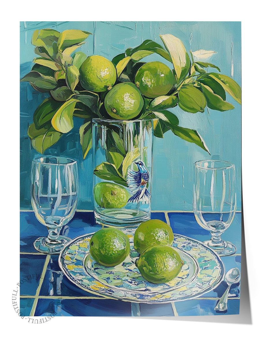 Yeşil Limonlar ve Cam Vazoda Yapraklar Poster Yaz Seçkisi Çerçevesiz Poster
