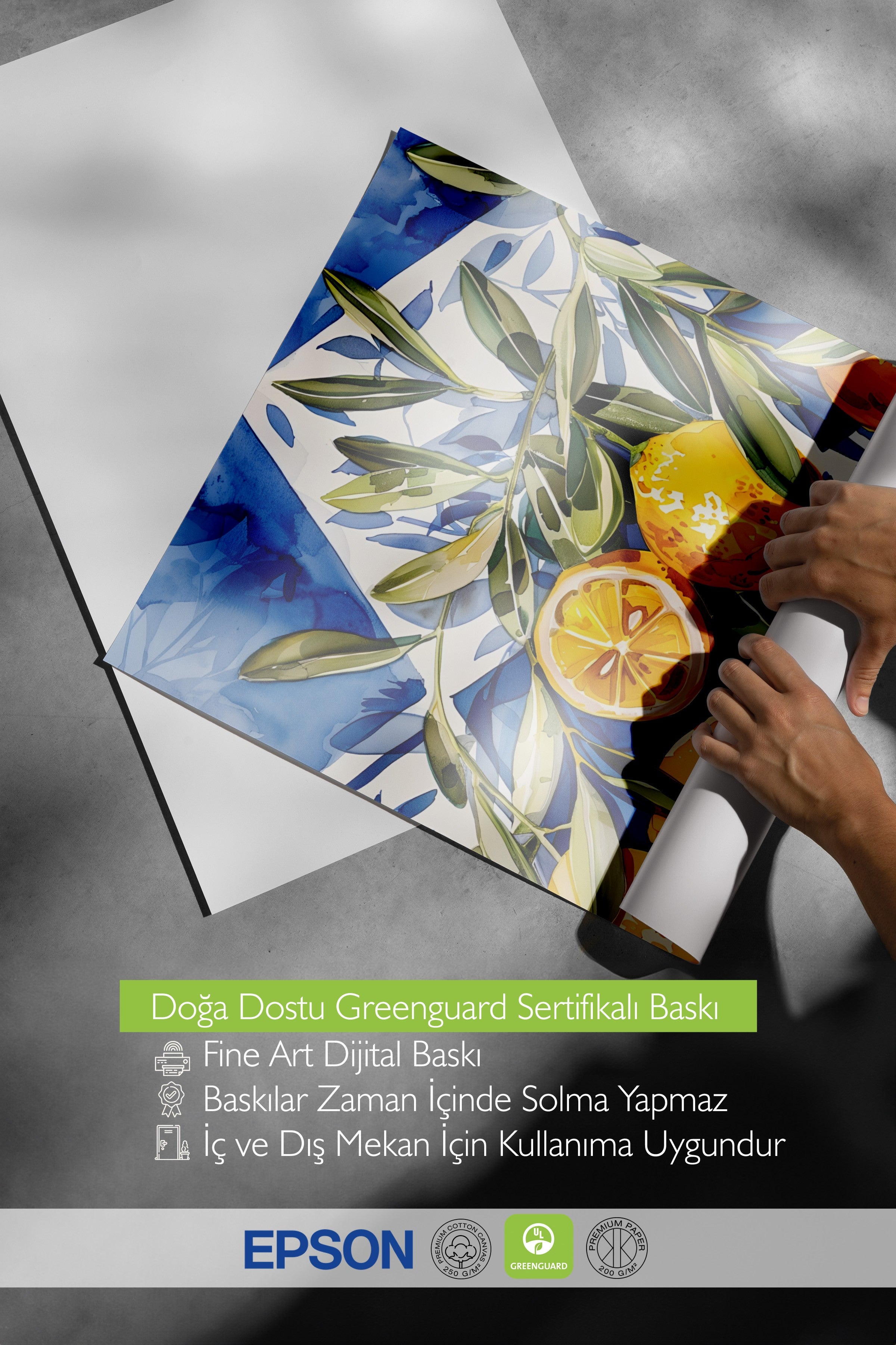 Çerçevesiz Duvar Posteri, Limonlar, Yapraklar, Arka Plan, Suluboya, İllüstrasyon, Mavi, Sarı Renk Poster, 2025 Yaz Seçkisi, NO:109818