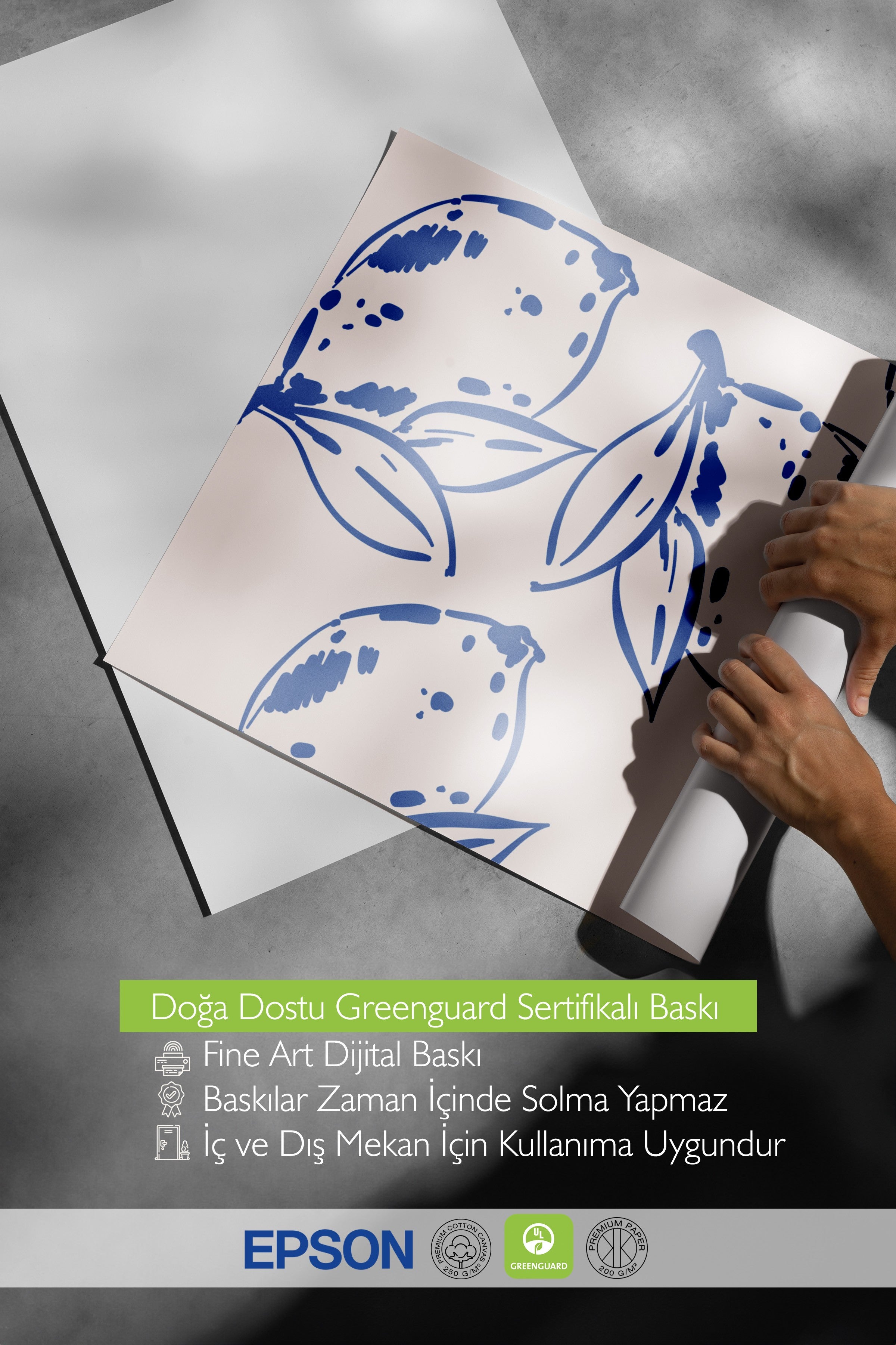Çerçevesiz Duvar Posteri, Limonlar, Yapraklar, Düz İllüstrasyon, Mavi, Bej Renk Poster, 2025 Yaz Seçkisi, NO:109830