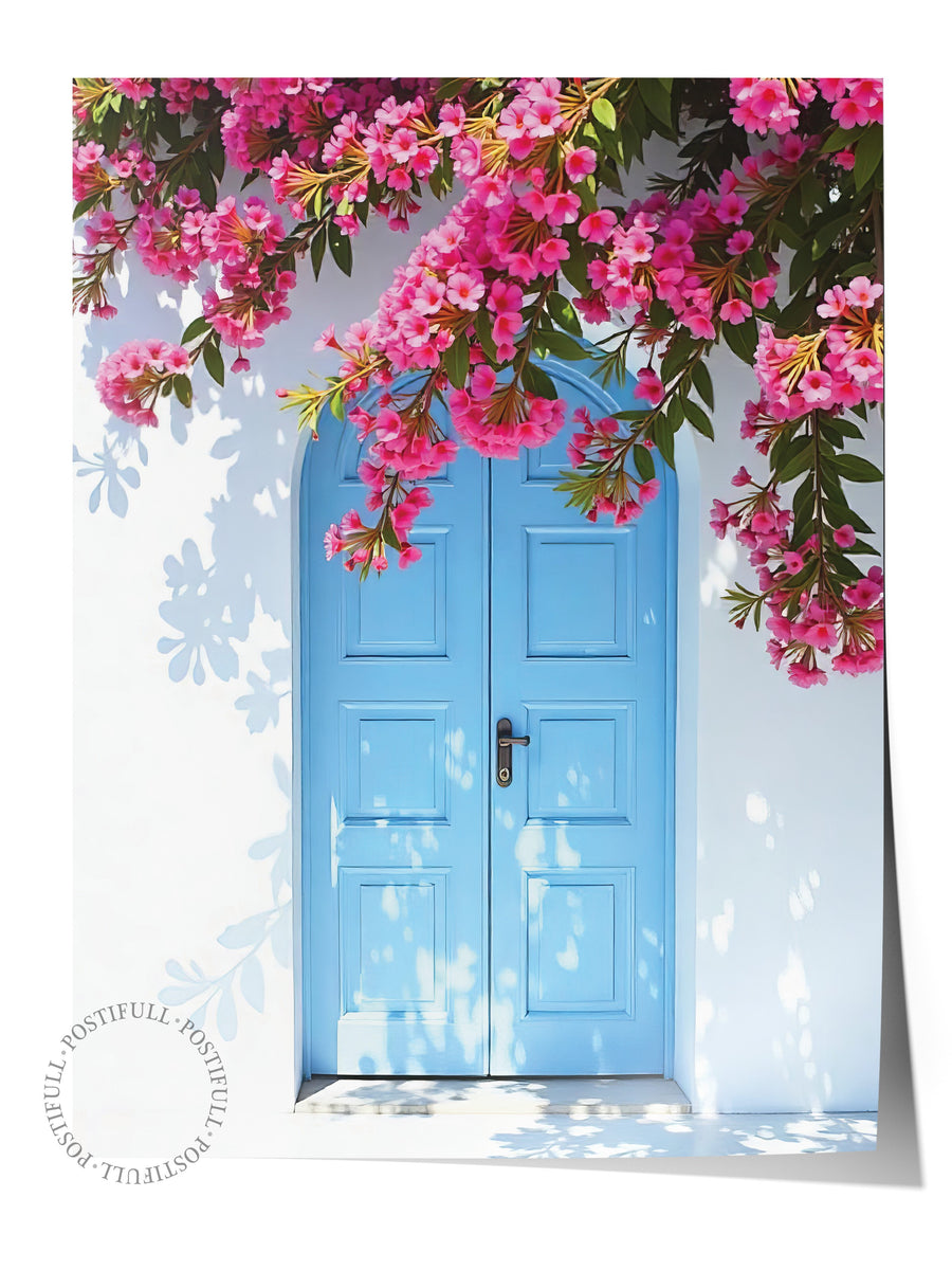 Mavi Kapı ve Çiçekler Poster Fotoğraf Yaz Seçkisi Çerçevesiz Poster