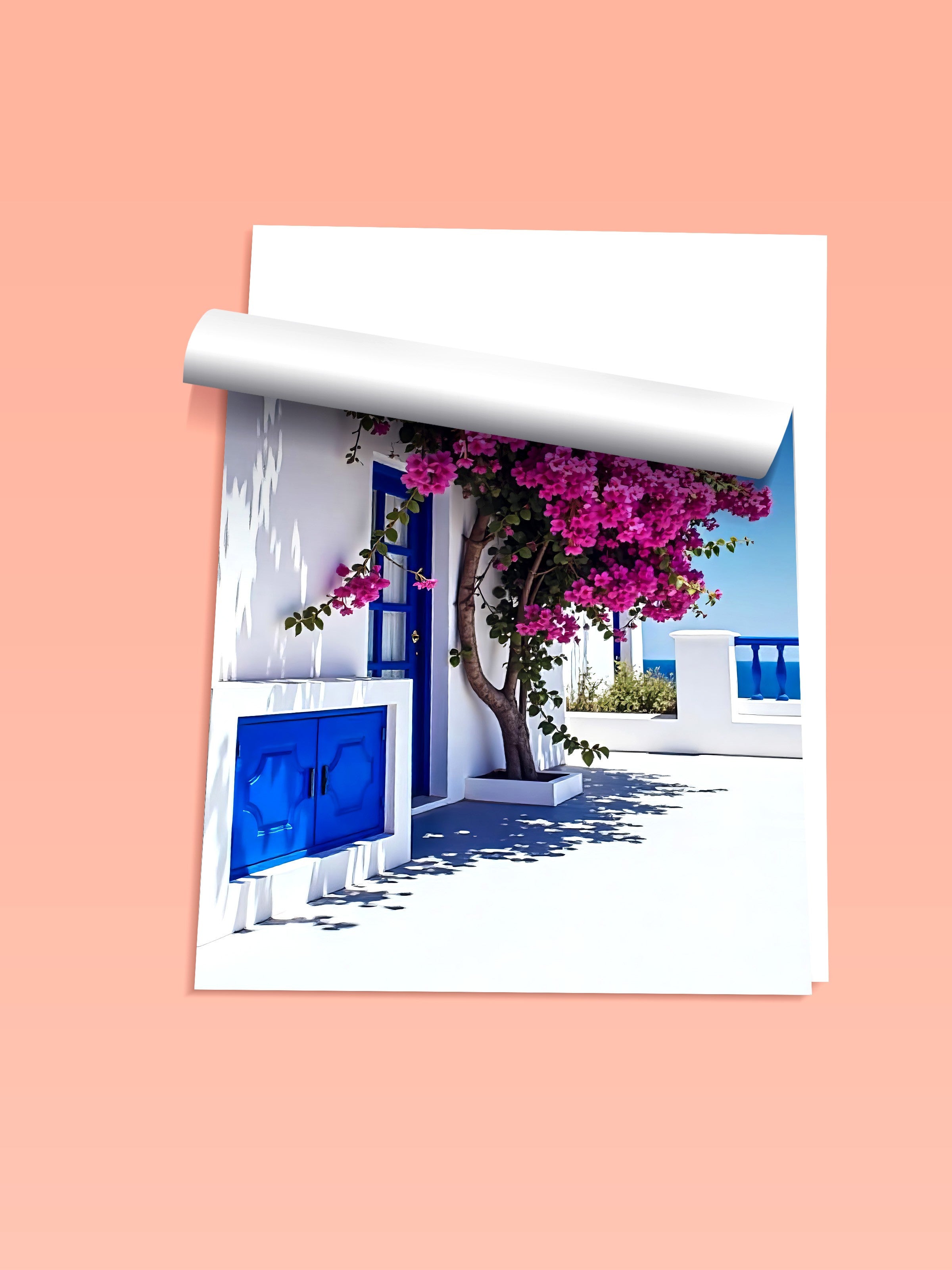 Çerçevesiz Duvar Posteri, Pembe Çiçekler ve Ev, Fotoğraf, Mavi Renk Poster, 2025 Yaz Seçkisi, NO:109530