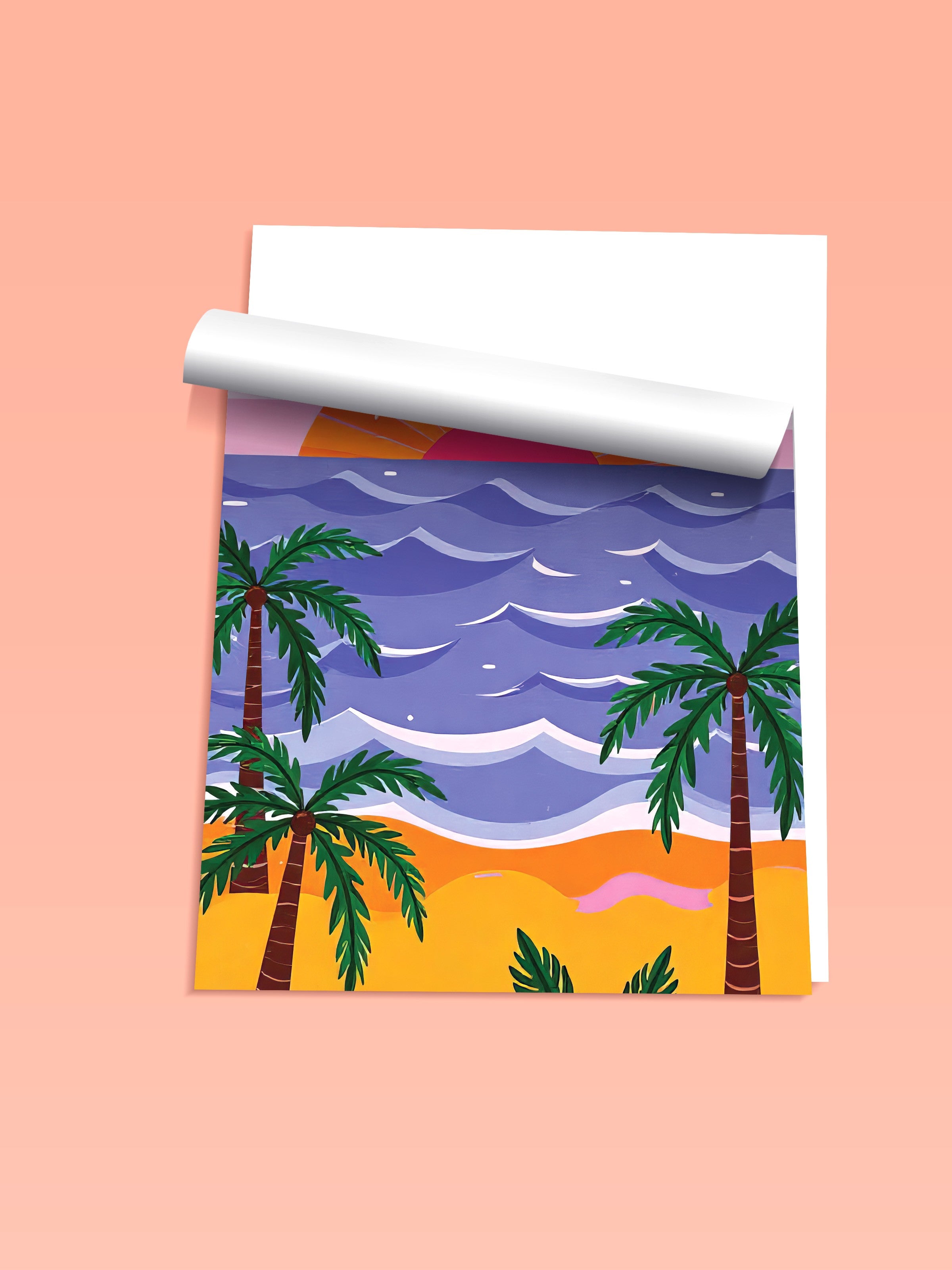 Çerçevesiz Duvar Posteri, Plaj Manzarası, İllüstrasyon, Maximalist, Pembe Renk Poster, 2025 Yaz Seçkisi, NO:109788