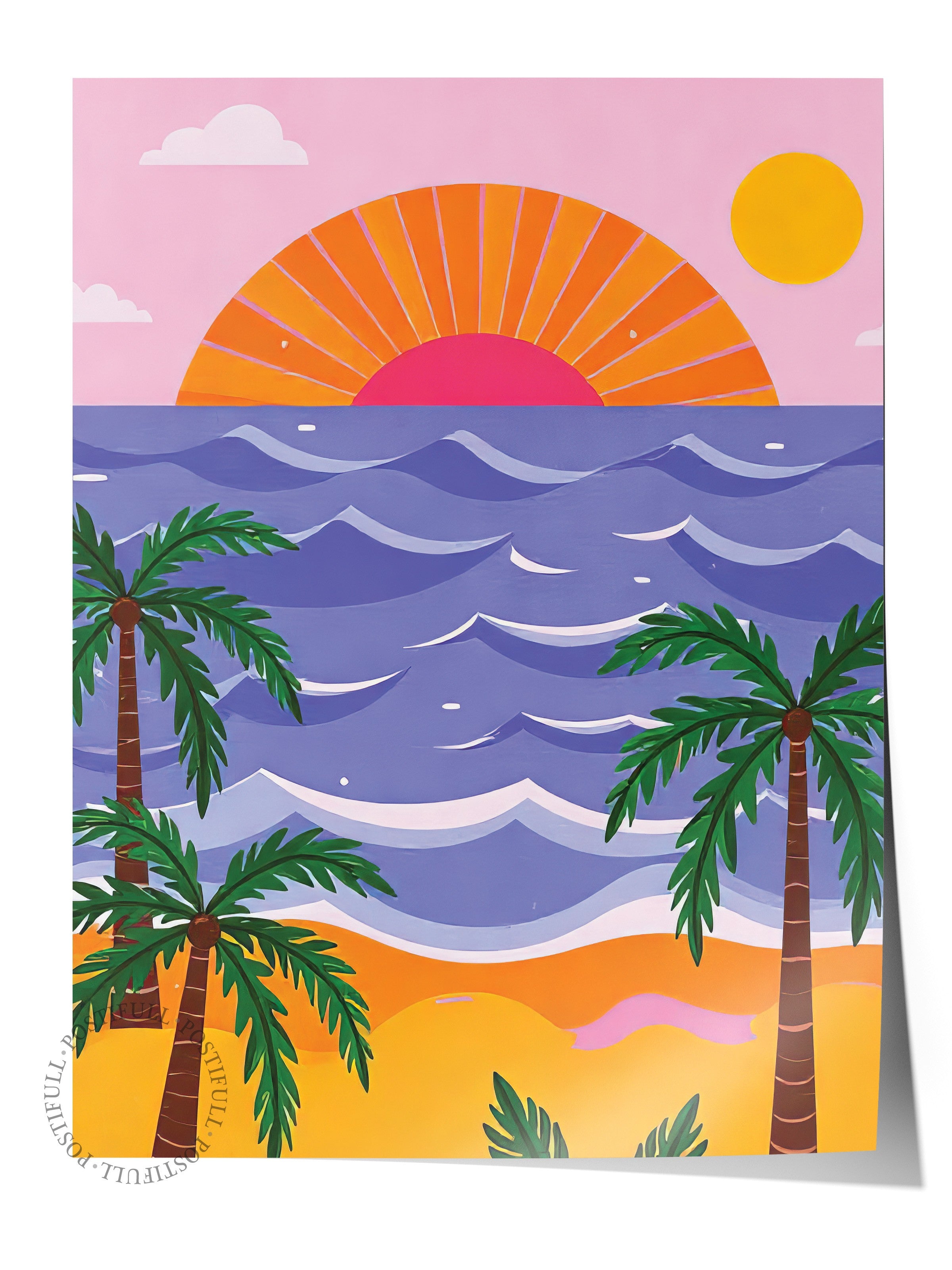 Çerçevesiz Duvar Posteri, Plaj Manzarası, İllüstrasyon, Maximalist, Pembe Renk Poster, 2025 Yaz Seçkisi, NO:109788