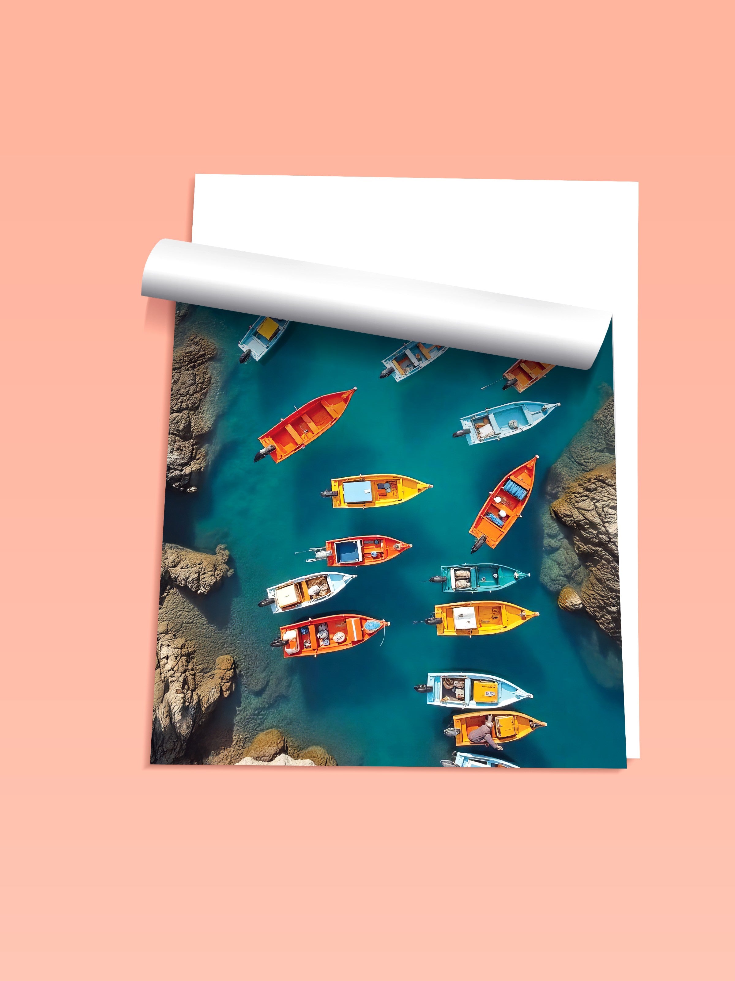 Çerçevesiz Duvar Posteri, Renkli Sandallar, Fotoğraf, Maximalist, Mavi Renk Poster, 2025 Yaz Seçkisi, NO:109496