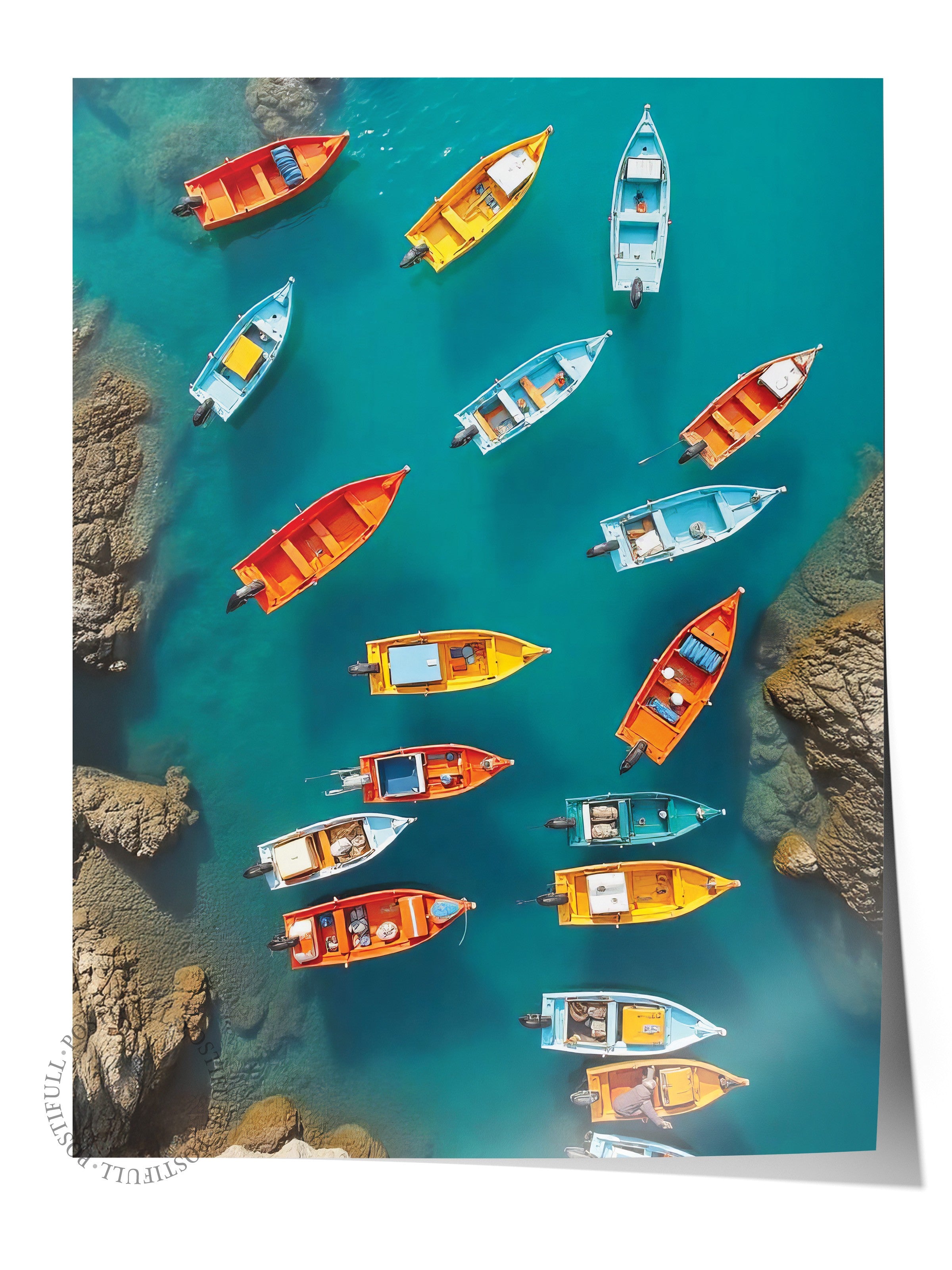 Çerçevesiz Duvar Posteri, Renkli Sandallar, Fotoğraf, Maximalist, Mavi Renk Poster, 2025 Yaz Seçkisi, NO:109496