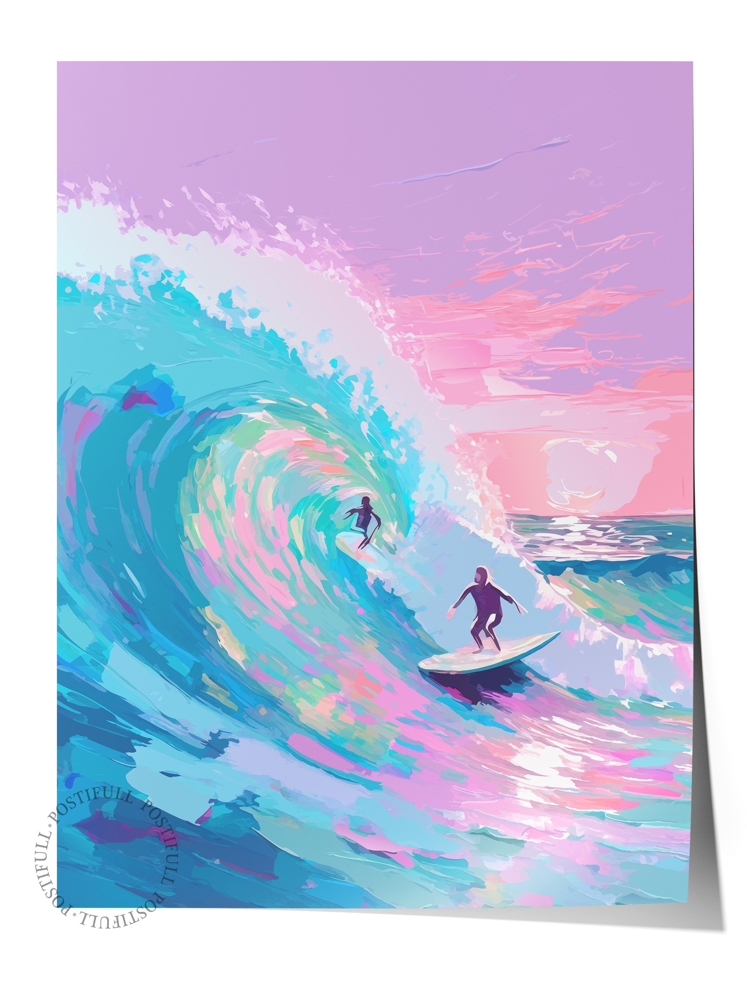 Çerçevesiz Duvar Posteri, Sörfçü, Dalga, Okyanus, illüstrasyon, Impressionist, Mavi, Pembe Renk Poster, 2025 Yaz Seçkisi, NO:109864