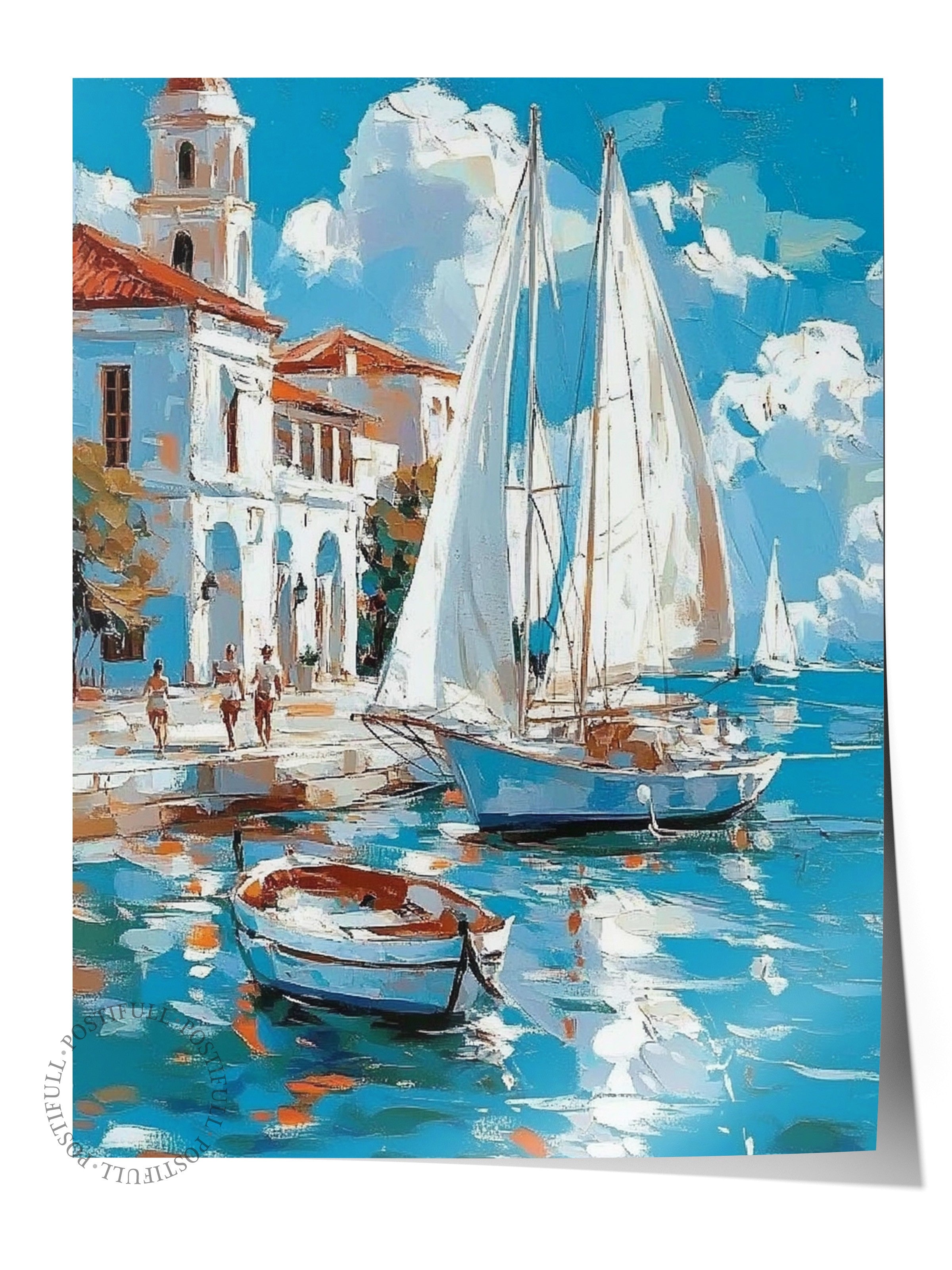Çerçevesiz Duvar Posteri, Tekneler, Bina, Su, İzlenimci, Mavi, Beyaz Renk Poster, 2025 Yaz Seçkisi, NO:109814