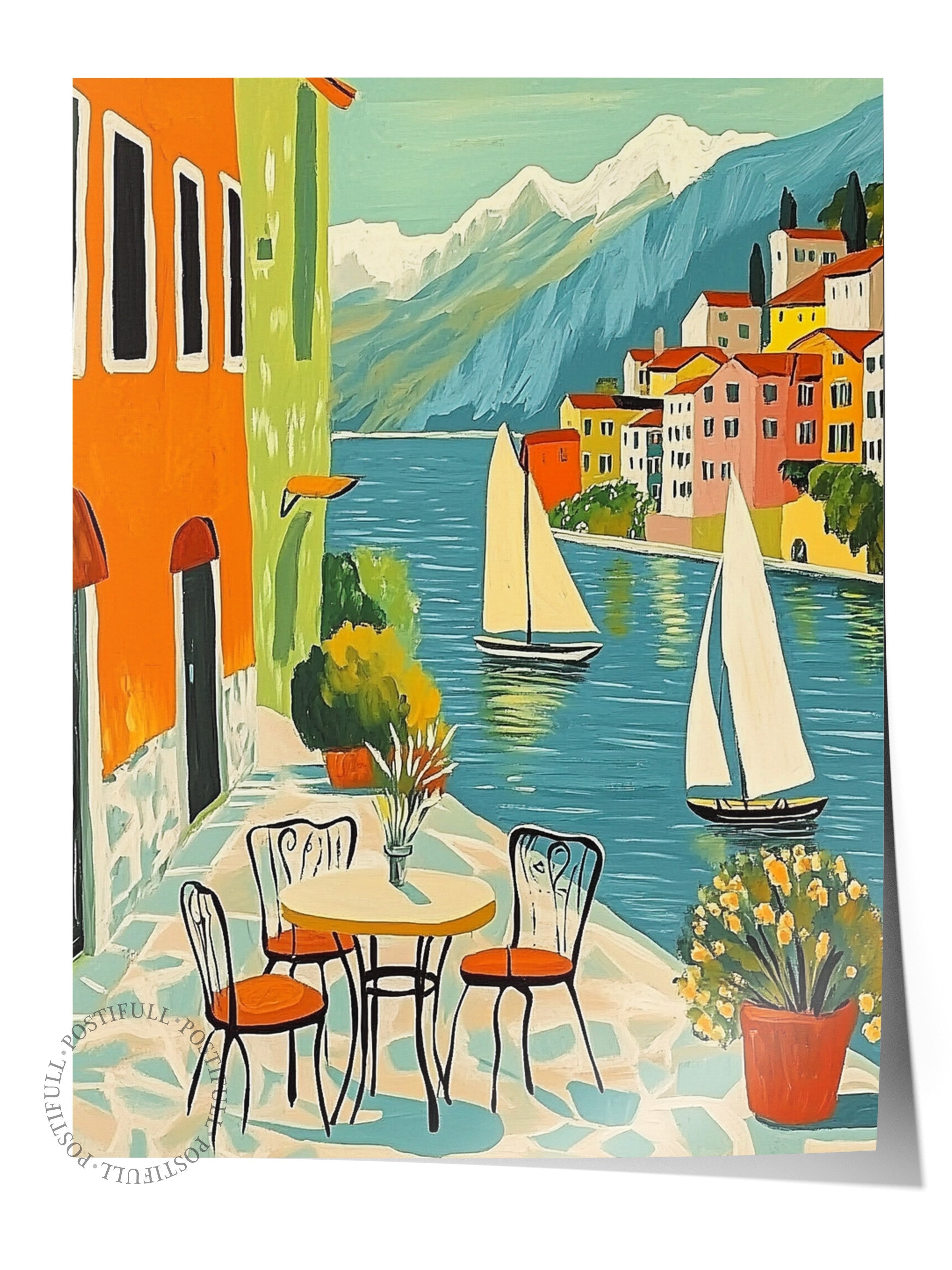 Çerçevesiz Duvar Posteri, Yelkenliler, Sandalyeler, Binalar, İzlenimci, Vintage, Mavi, Toprak Tonları Renk Poster, 2025 Yaz Seçkisi, NO:109796