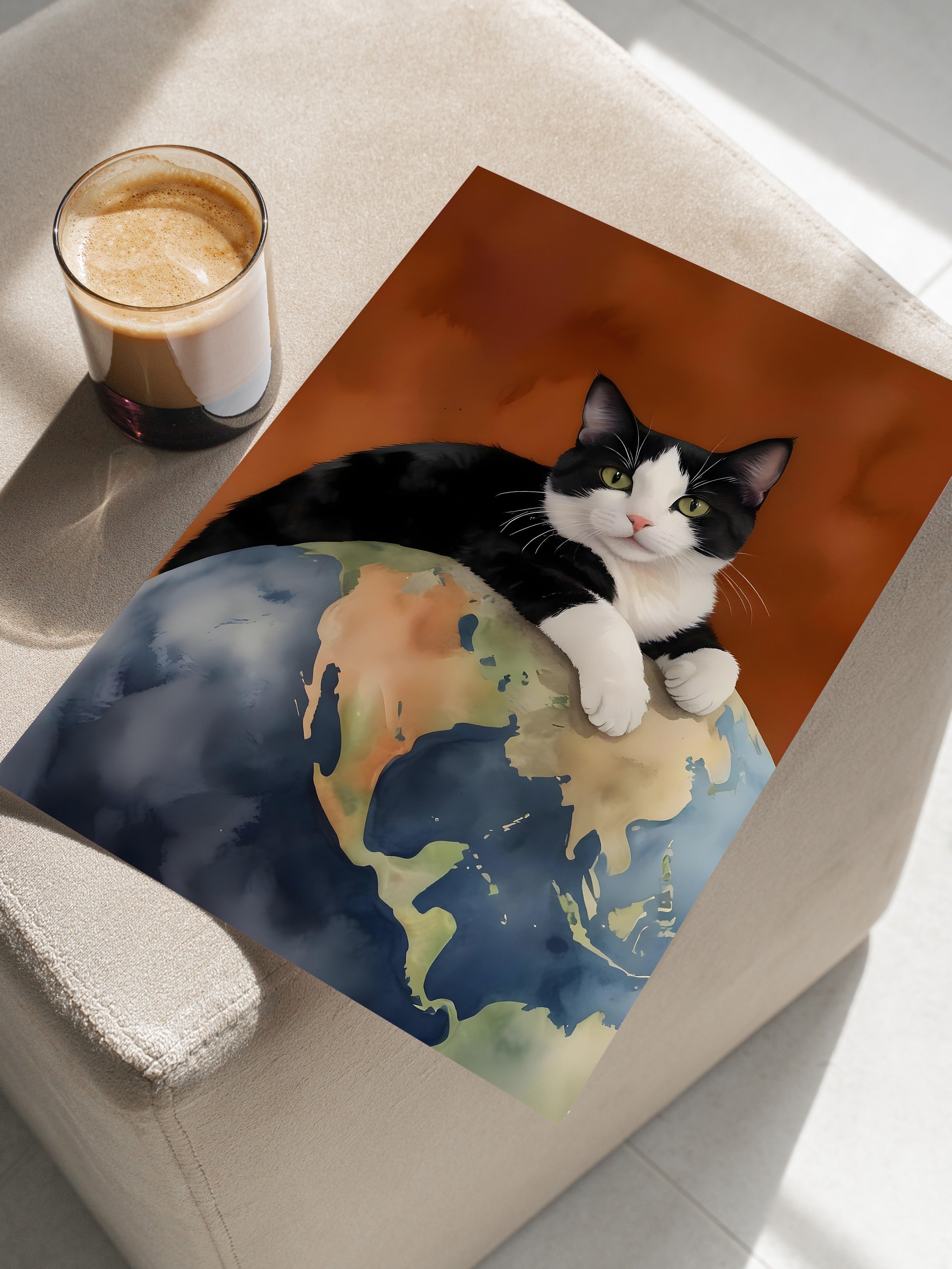 Çerçevesiz Poster, Black Cat on World, Comfort Serisi Duvar Posteri, NO:108964