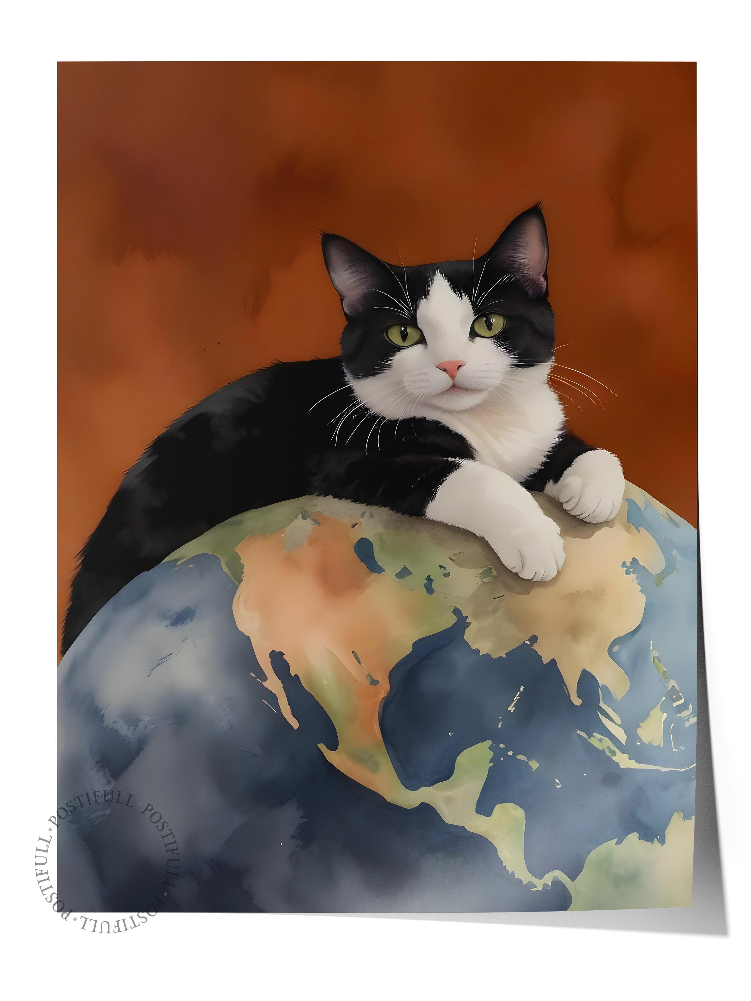 Çerçevesiz Poster, Black Cat on World, Comfort Serisi Duvar Posteri, NO:108964