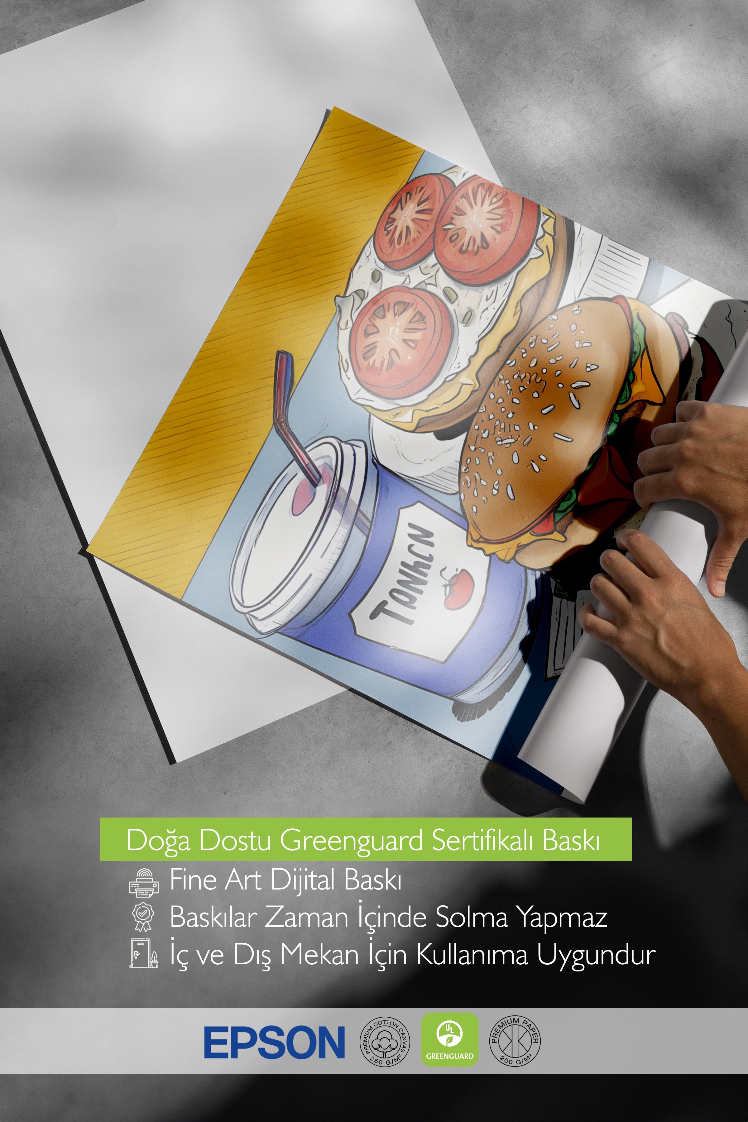 Çerçevesiz Poster, Burger With Coke, Comfort Serisi Mutfak Duvar Posteri, NO:109144