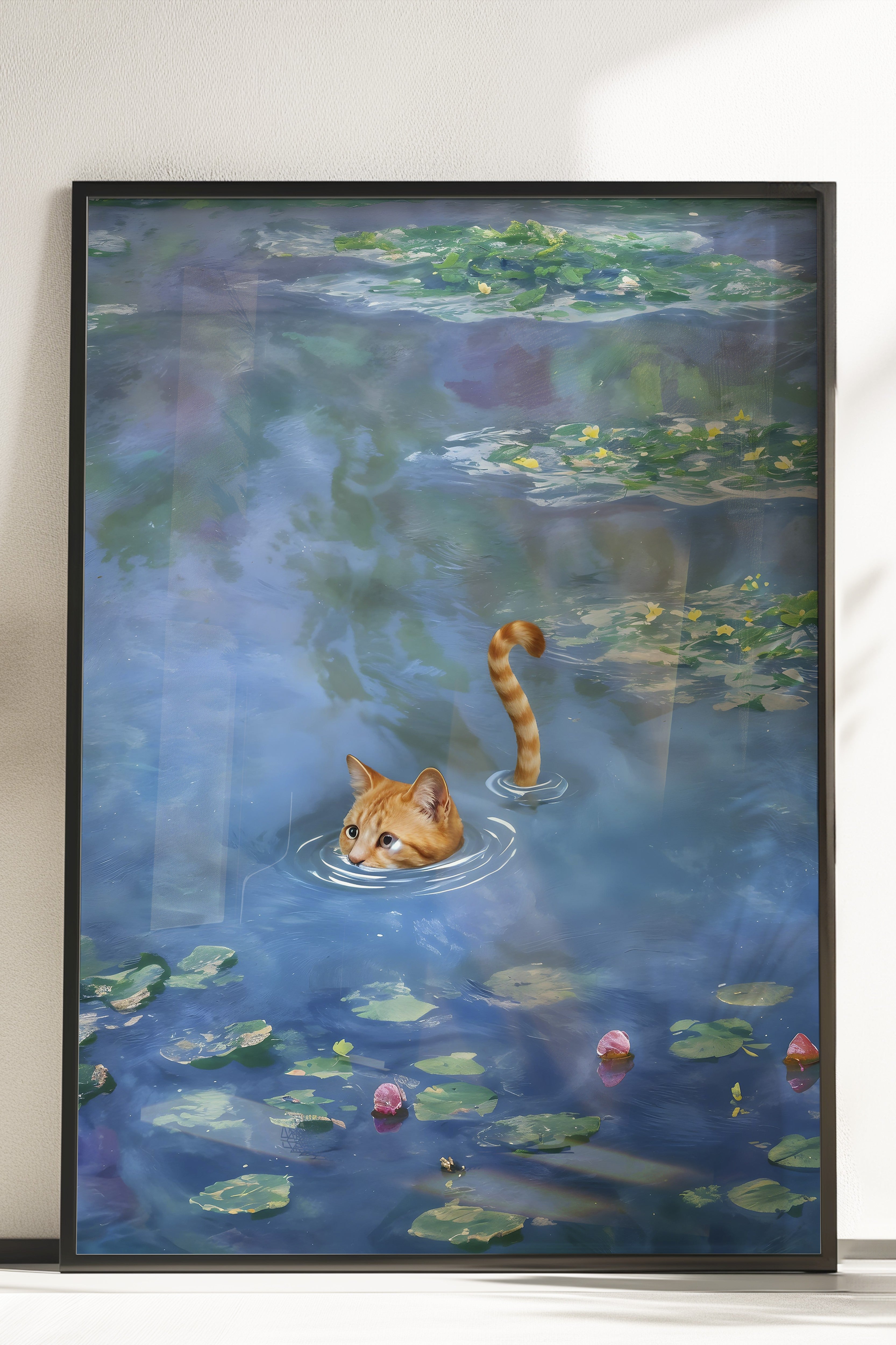 Çerçevesiz Poster, Cat Print Monet Waterlily - 1, Comfort Serisi Mutfak Duvar Posteri, NO:108966
