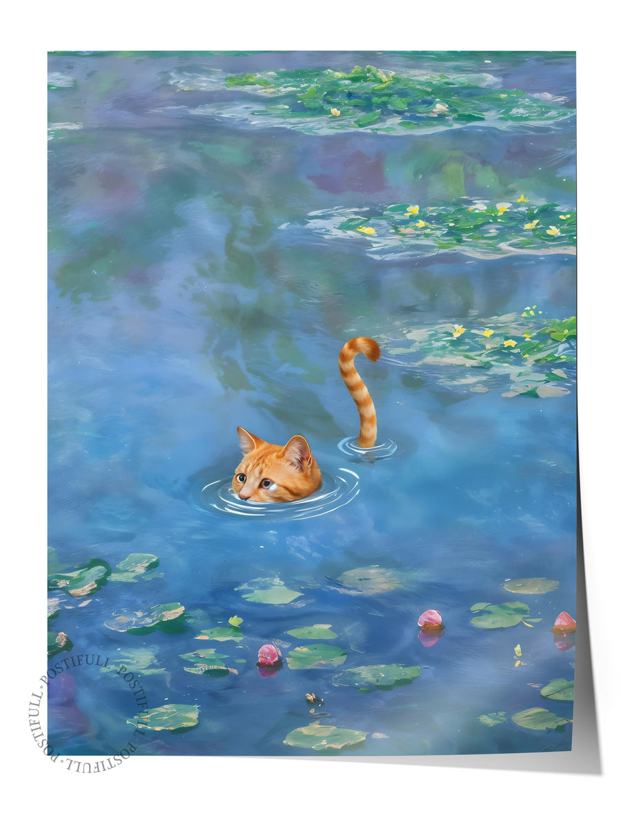 Çerçevesiz Poster, Cat Print Waterlily - 1, Comfort Serisi Duvar Posteri, NO:108966