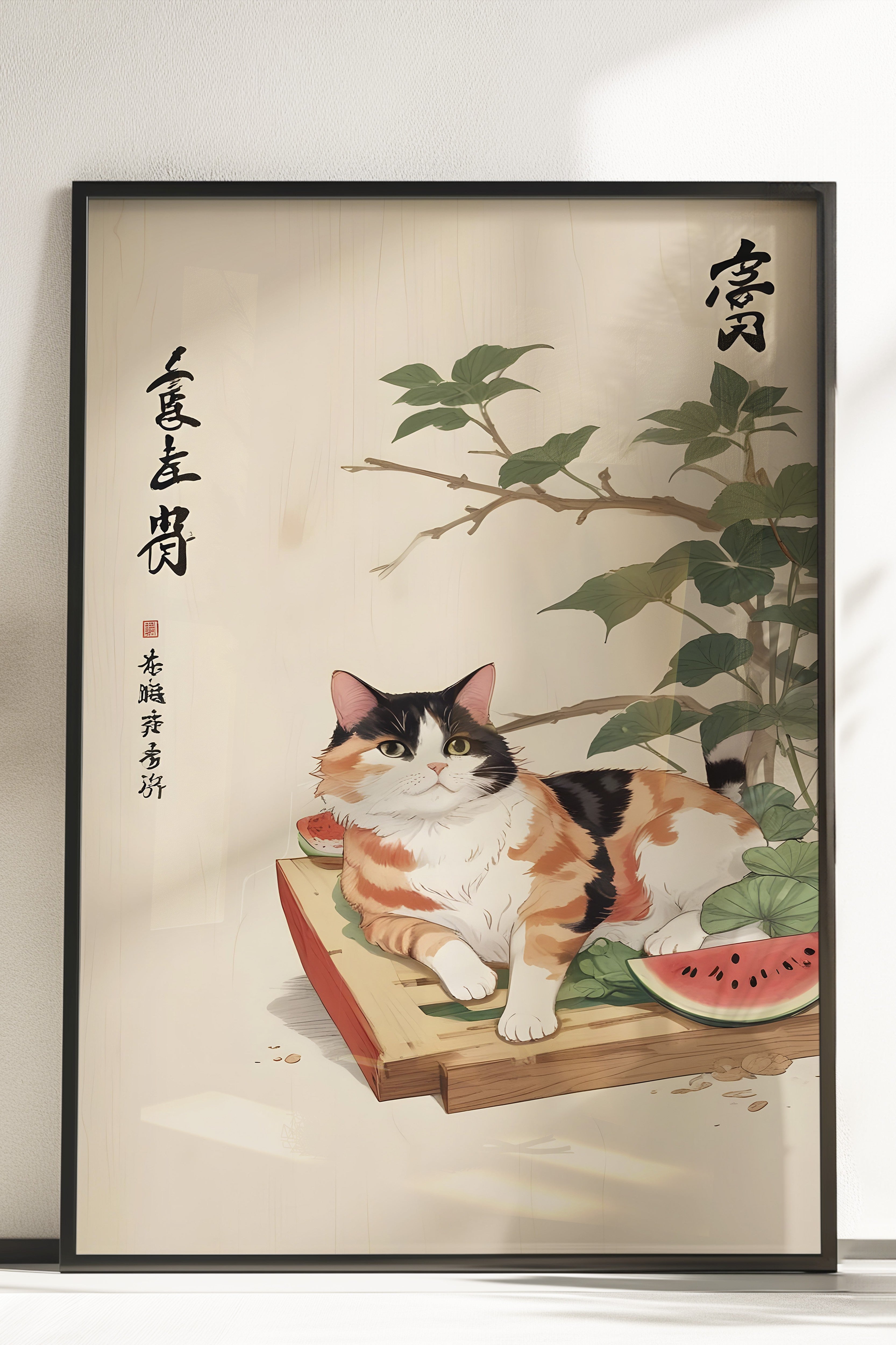 Çerçevesiz Poster, Cat Sleeping With Watermelon, Comfort Serisi Mutfak Duvar Posteri, NO:109164