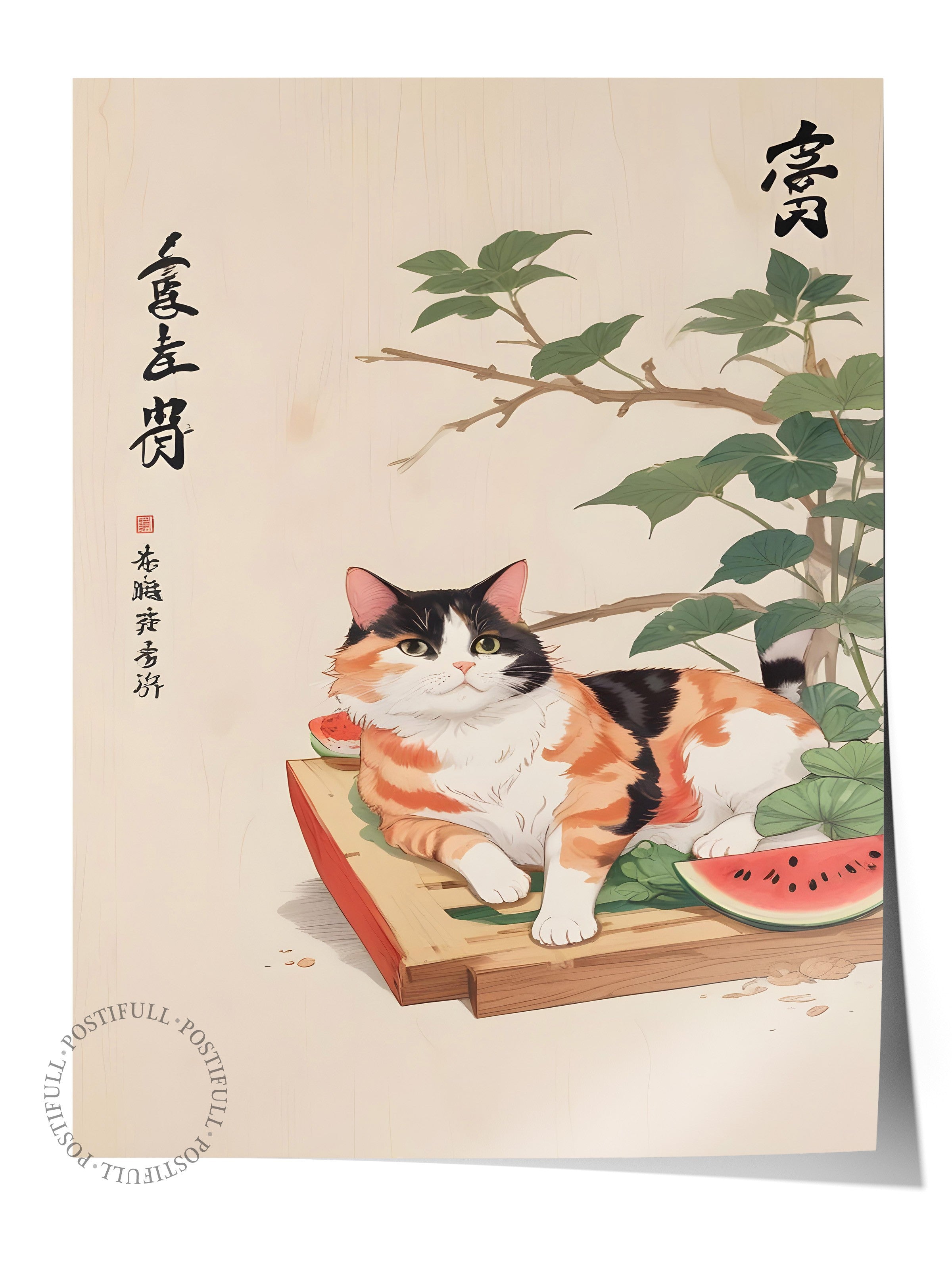 Çerçevesiz Poster, Cat Sleeping With Watermelon, Comfort Serisi Mutfak Duvar Posteri, NO:109164