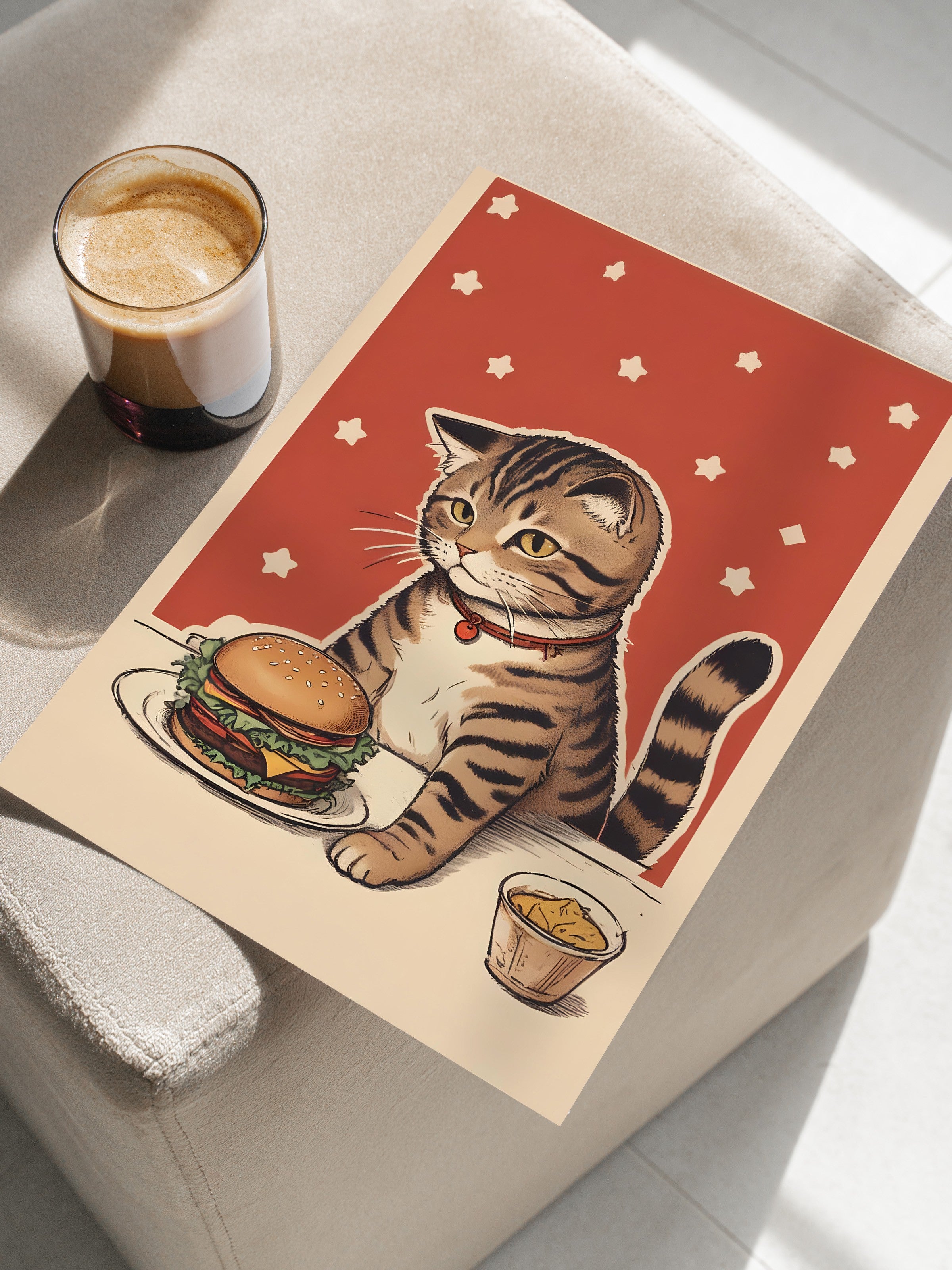 Çerçevesiz Poster, Cat With A Burger, Comfort Serisi Mutfak Duvar Posteri, NO:109086
