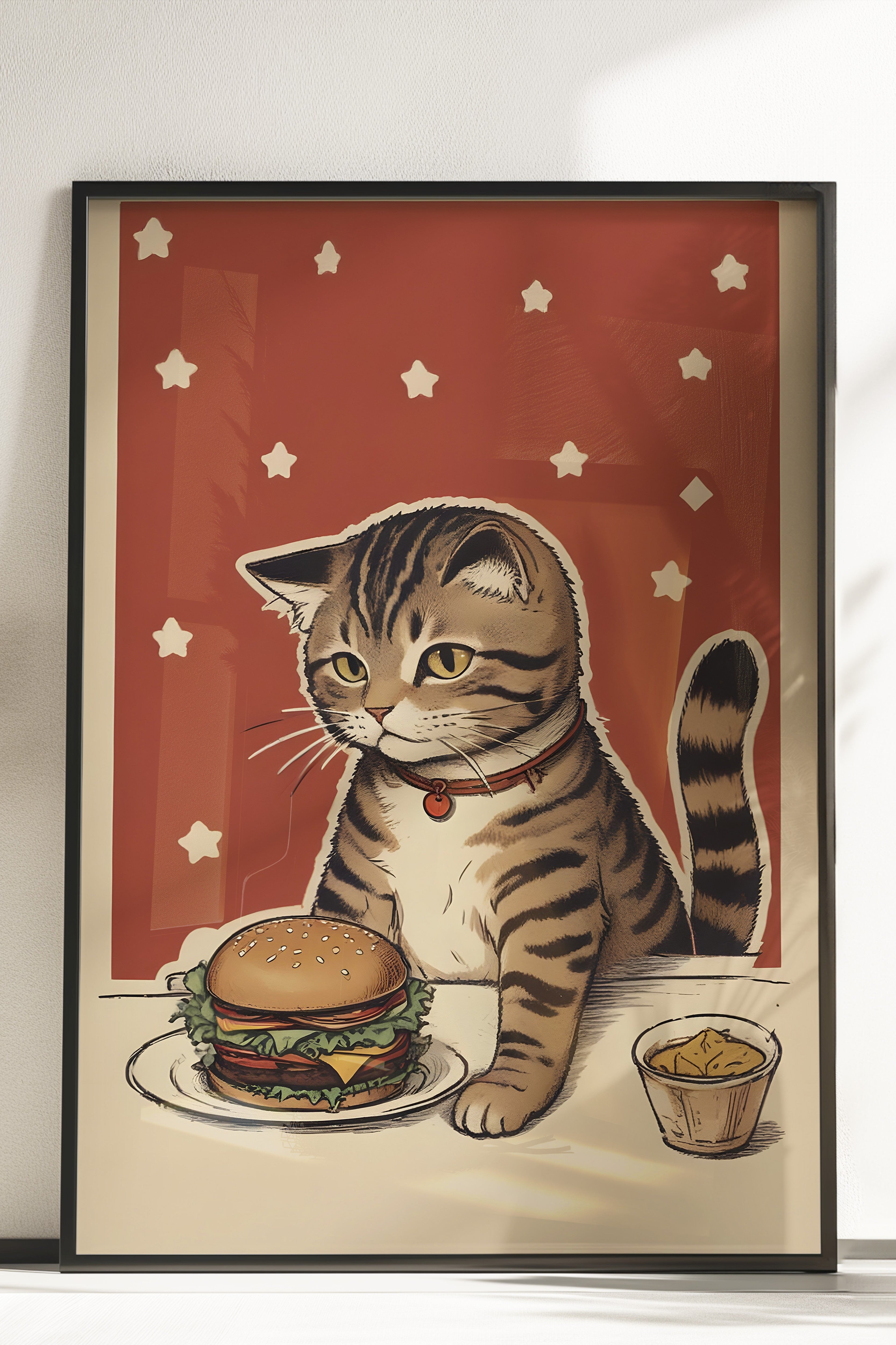 Çerçevesiz Poster, Cat With A Burger, Comfort Serisi Mutfak Duvar Posteri, NO:109086