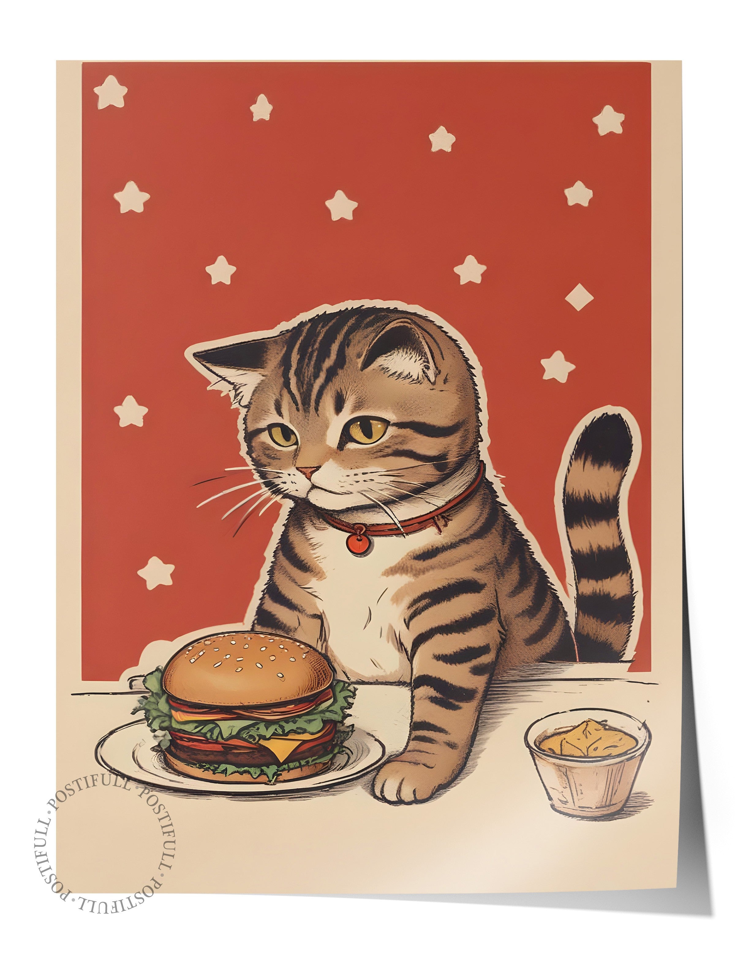 Çerçevesiz Poster, Cat With A Burger, Comfort Serisi Mutfak Duvar Posteri, NO:109086