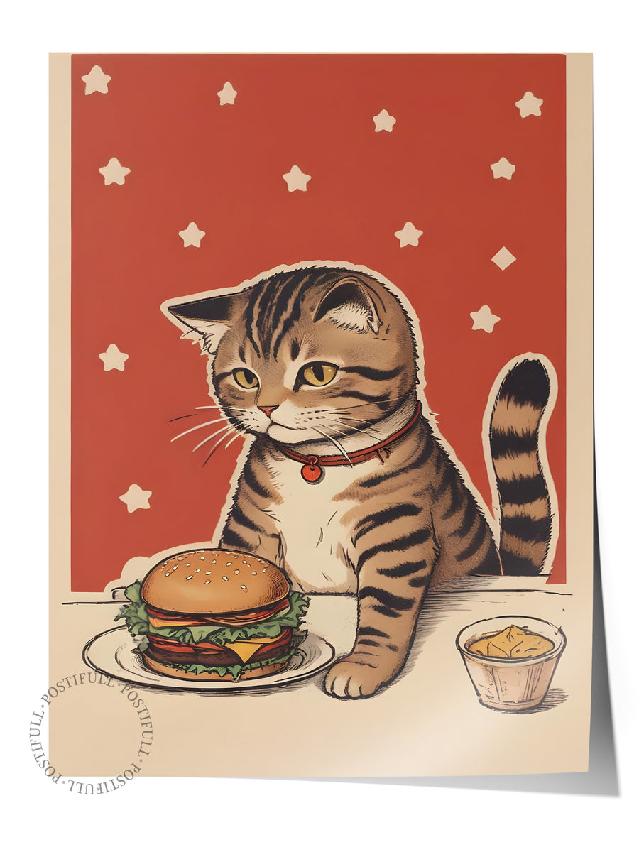 Çerçevesiz Poster, Cat With A Burger, Comfort Serisi Mutfak Duvar Posteri, NO:109086