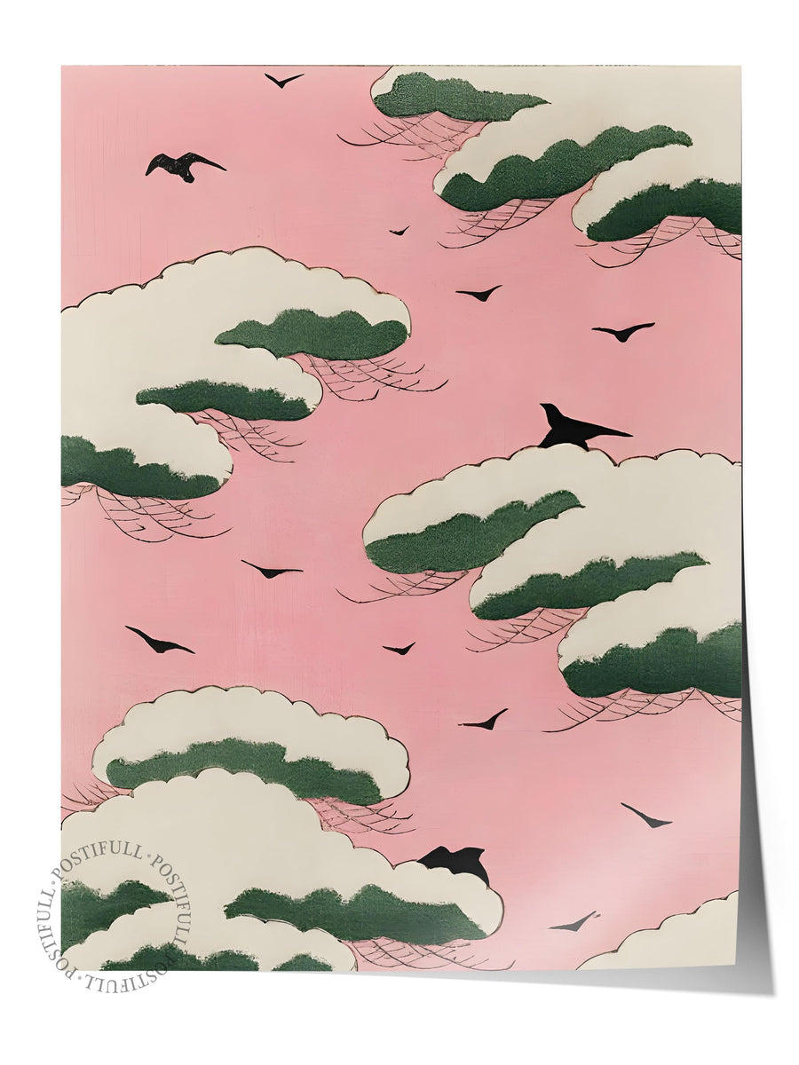 Pembe Gökyüzünde Çam Bulutları Japon Sanatı Comfort Serisi Çerçevesiz Poster