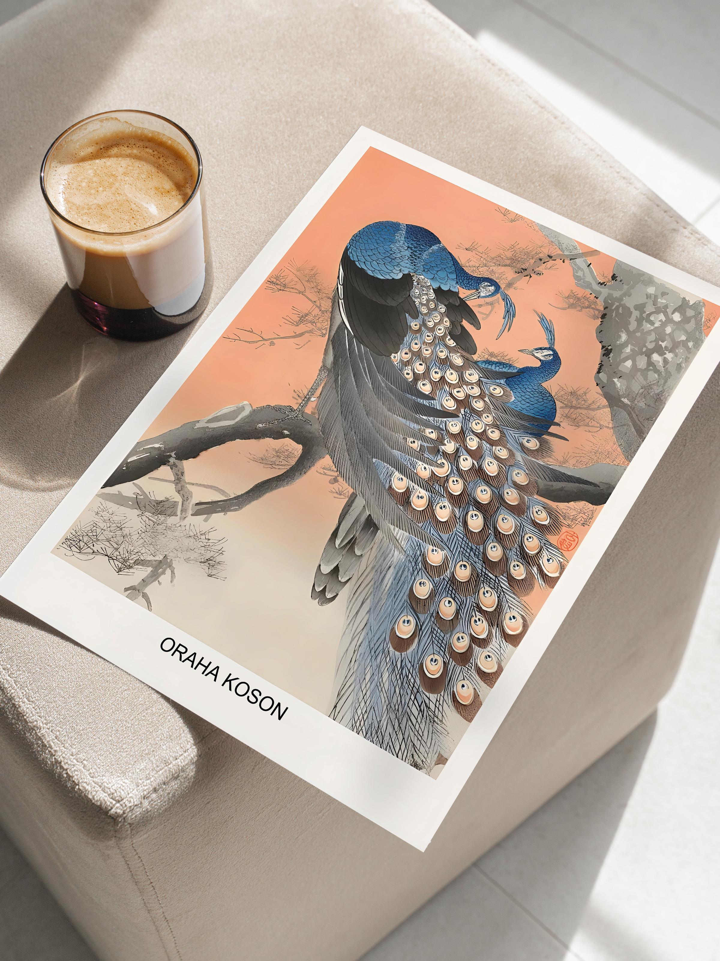 Çerçevesiz Poster, Comfort Serisi, Ohara Koson - Two Peacocks Tree Branch Poster, NO:108713