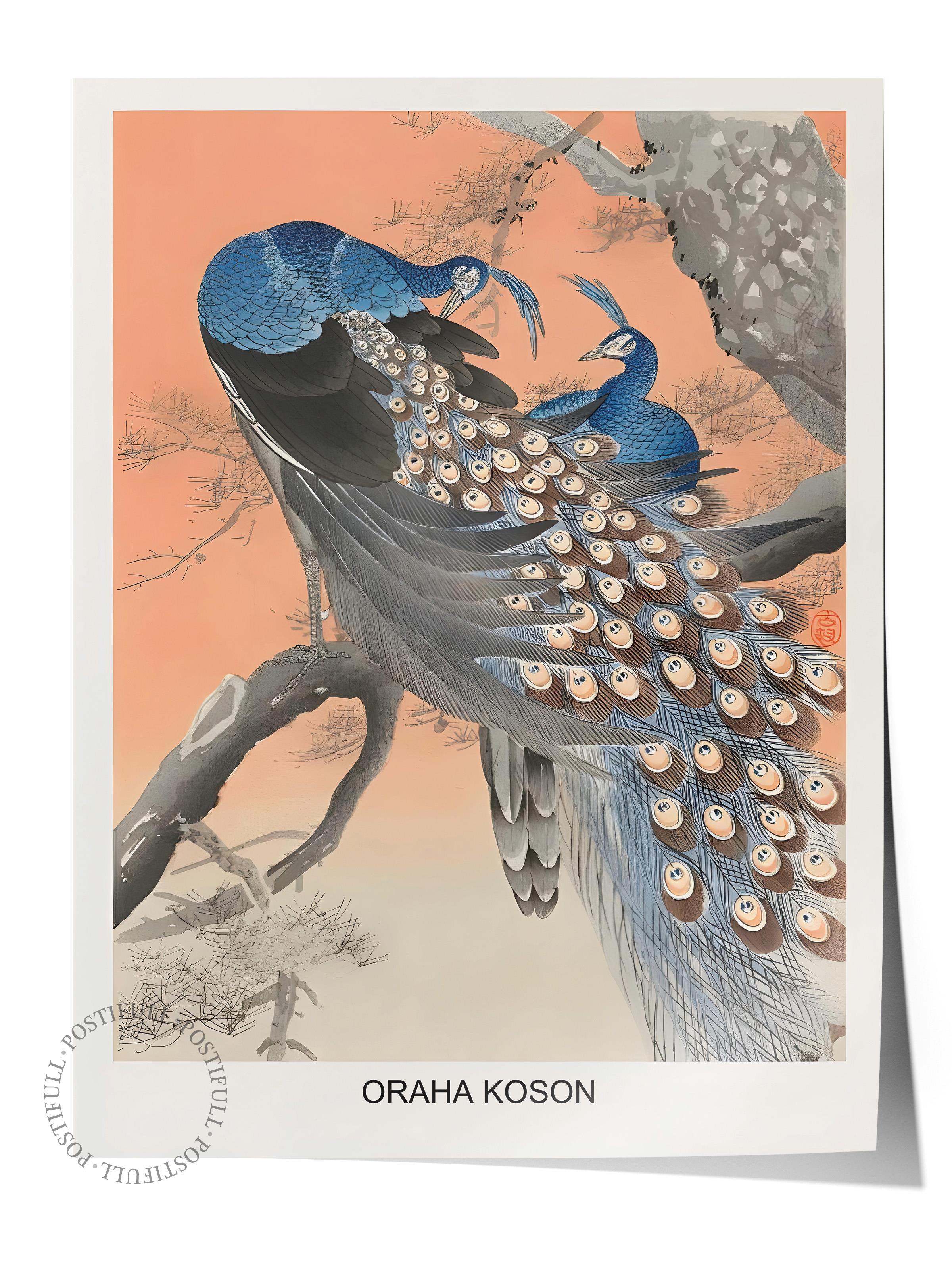 Çerçevesiz Poster, Comfort Serisi, Ohara Koson - Two Peacocks Tree Branch Poster, NO:108713