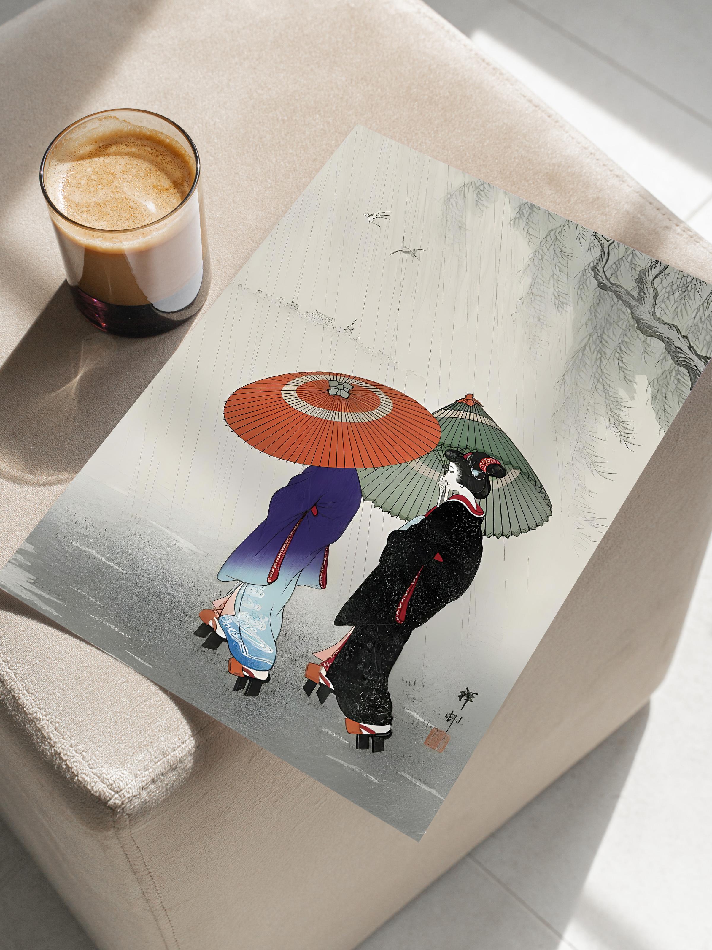 Çerçevesiz Poster, Comfort Serisi, Ohara Koson - Two Women In The Rain Poster, NO:108716